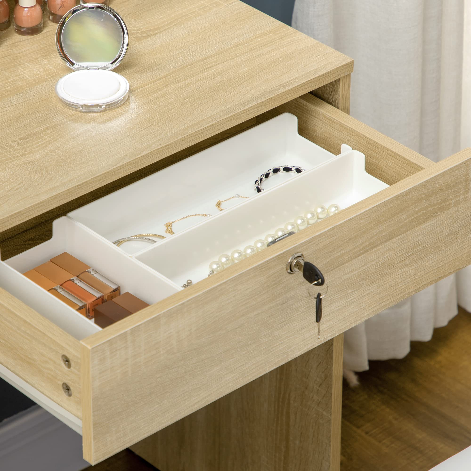 HOMCOM Postazione Trucco con Specchio Grande in Vetro Temperato, Toeletta Trucco con Sgabello Imbottito, 4 Cassetti e 4 Ripiani, Postazione Make Up per Camera da Letto, Colore Legno