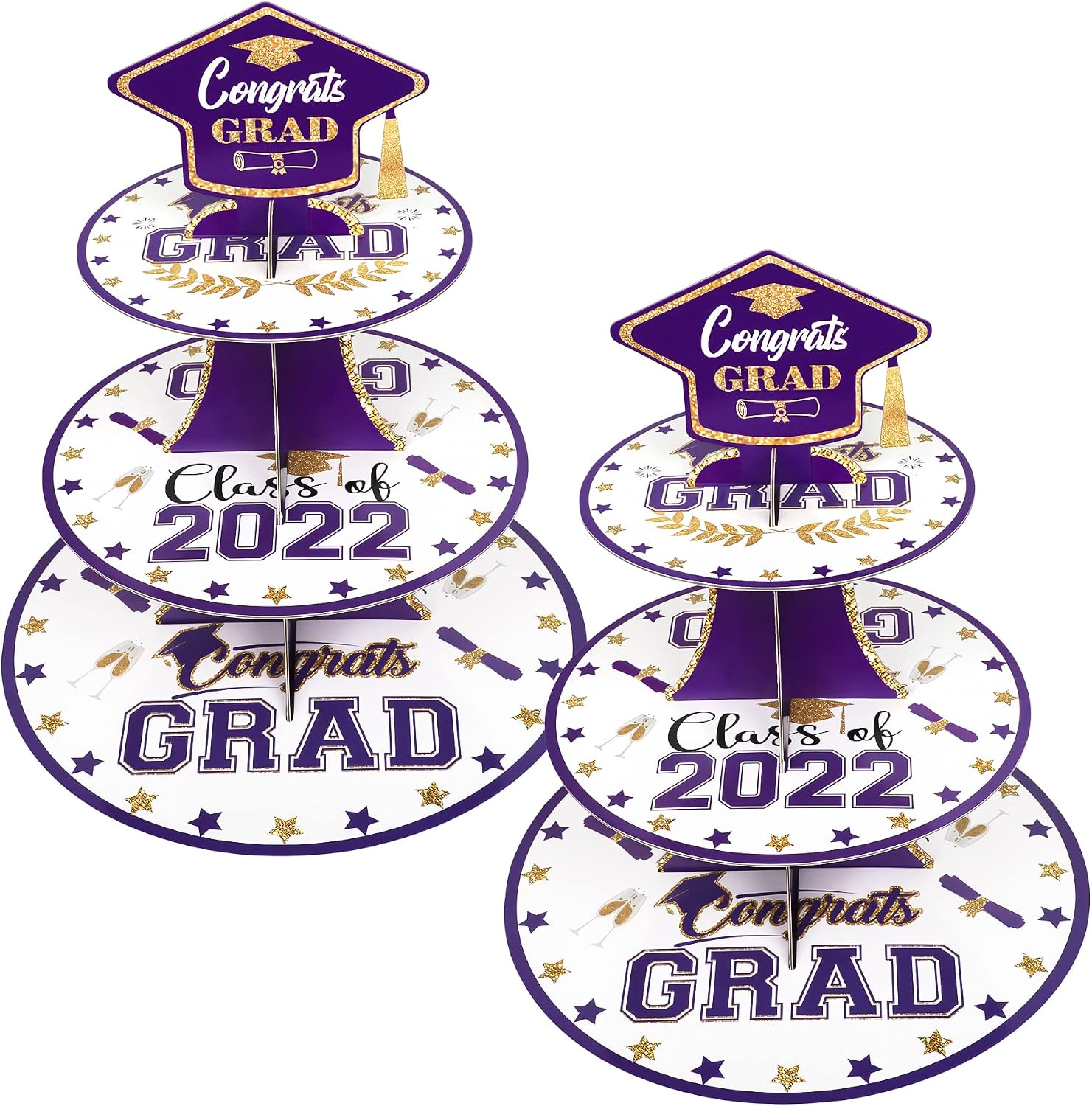 2-Set Class of 2022 Purple Gold 3-Tier Graduation Cardboard Cupcake Stand/Tower,Grad Round Dessert Tree Tower for 24 Cupcakes, Perfect for Graduation Themed Party Supplies (Purple Gold)