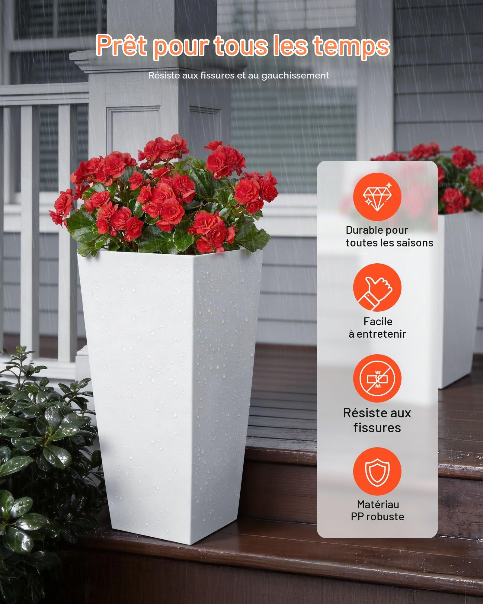 VEVOR Jardinière Haute Lot de 2 Pot de Fleur Haut 66,5 cm pour Plantes Intérieur Extérieur Entrée Terrasse Jardin, avec Trous Drainage, roulettes, Style Moderne Plastique, Forme Carrée Conique, Blanc