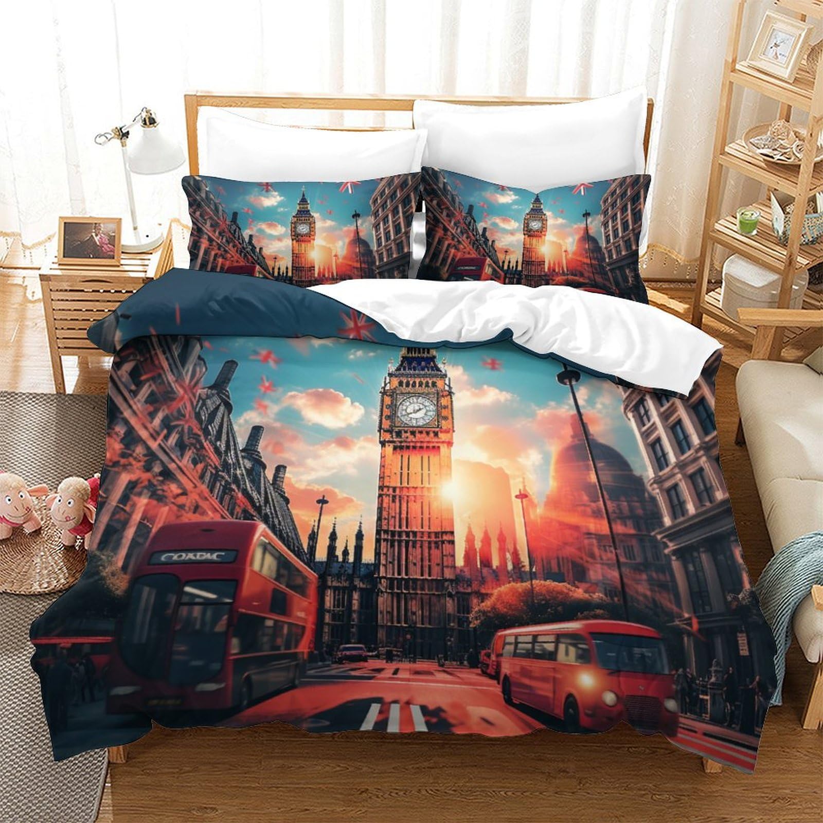 Housse de couette 3D microfibre douce imprimé Londres 260x220cm infroissable