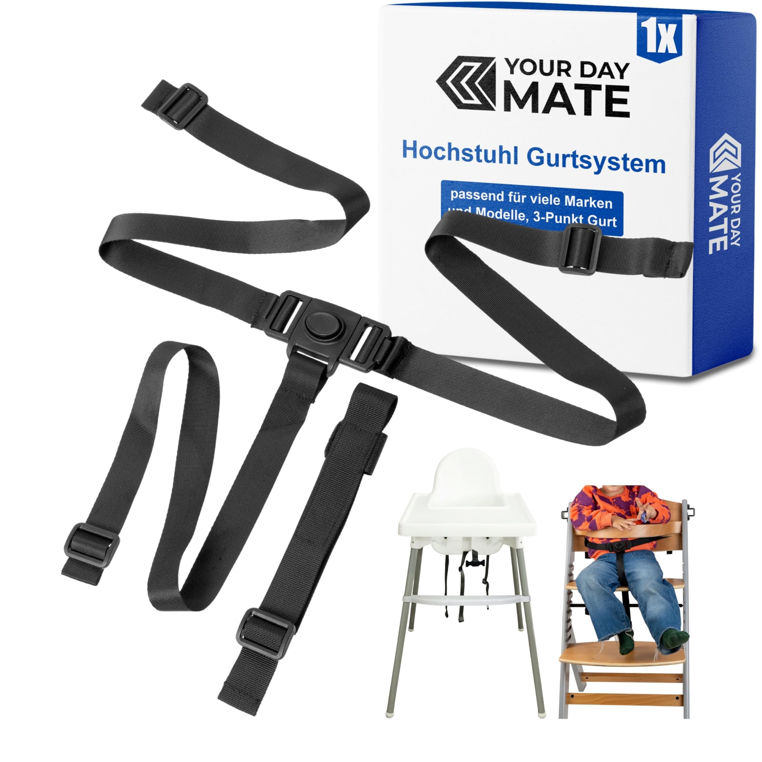 Hochstuhl 3-Punkt Gurtsystem, 1 Set, kompatibel mit bebeconfort, IKEA, Kinderkraft, Safety 1st, uvm., in Schwarz, mit Schrittgurt, einstellbarer Kinderhochstuhl Sicherheitsgurt, Hochstuhlgurt 3 Punkte