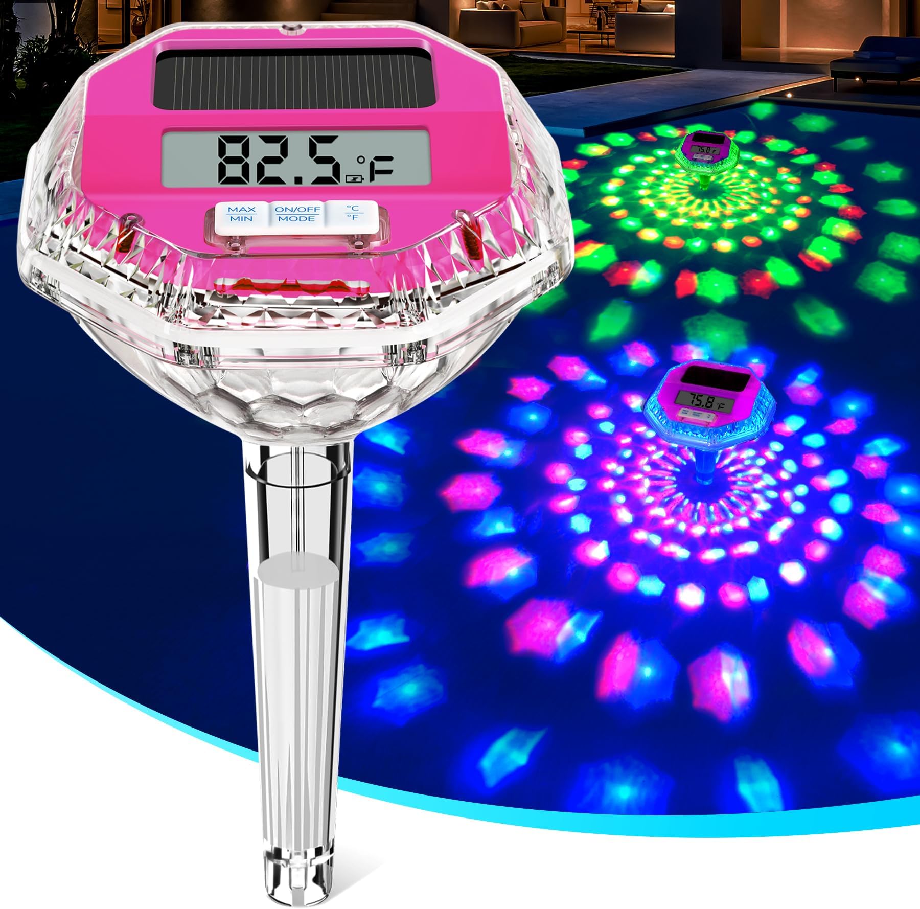 2025 Upgrade Digital Pool Thermometer Floating Easy Read, Solar Pool Thermometer with 7 Dynamic Light Show, Large LCD Screen & IP68 Waterproof Pools Water Temperature Thermometers, Pink