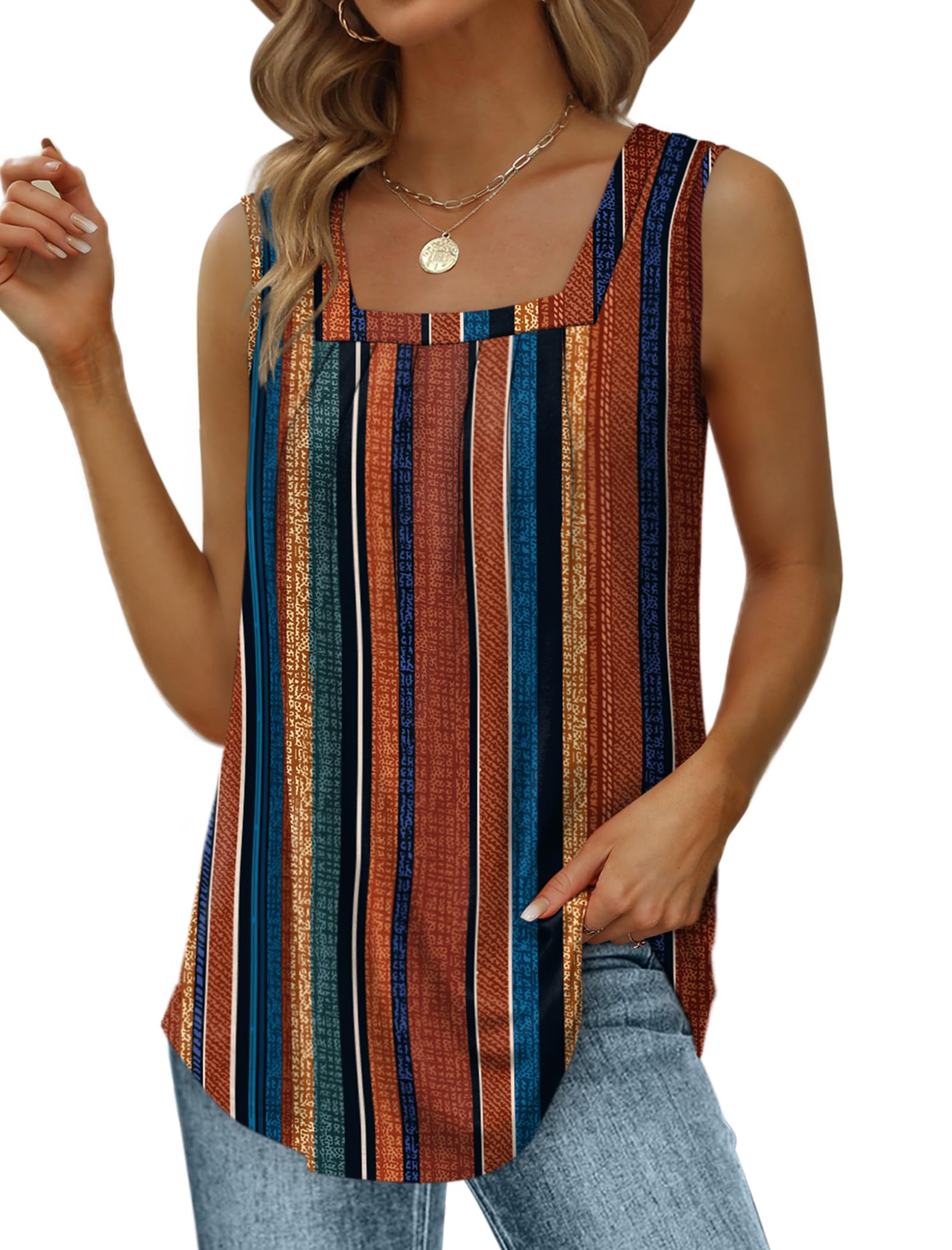 Saloogoe Summer Tank Tops for Women Loose Fit Pleated Square Neck Sleeveless Tops Curved Hem Flowy