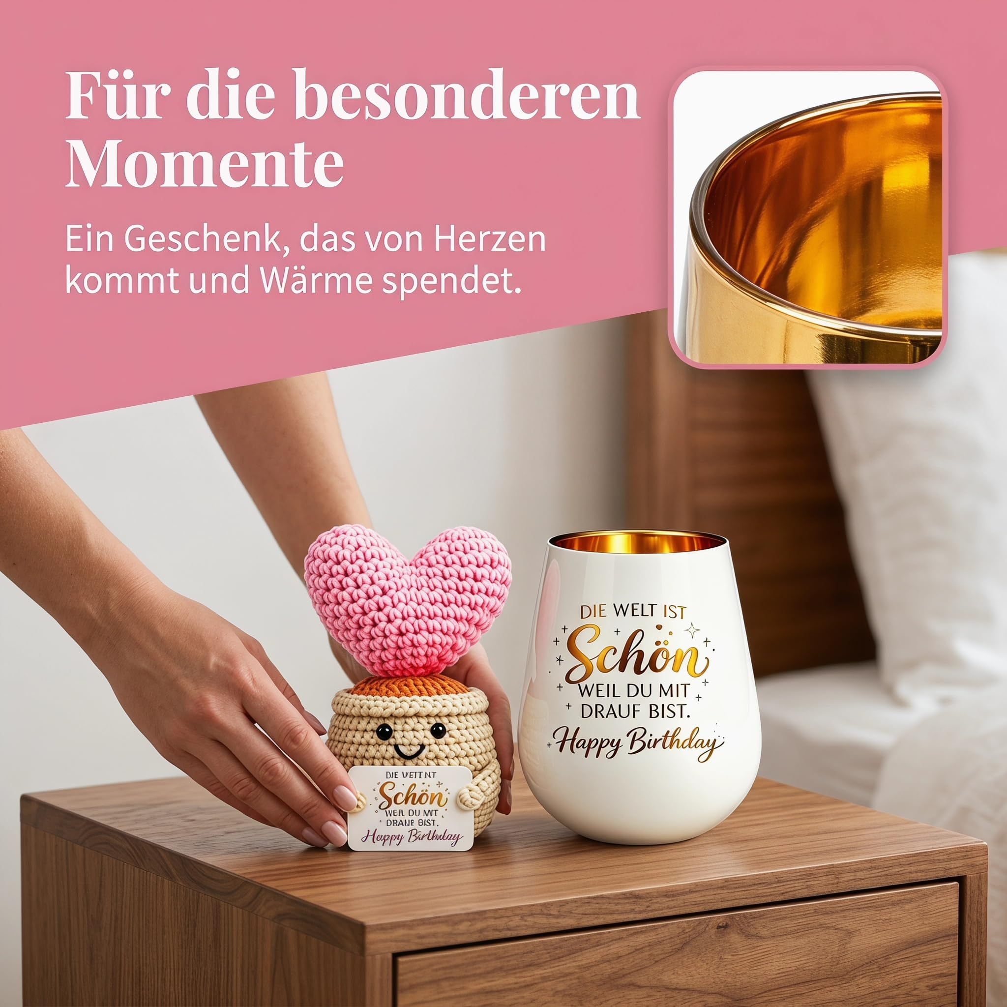 Geburtstagsgeschenk für Frauen, Windlicht mit Gravur und Gehäkelte Liebespuppe, Happy Birthday, Geschenk zum Geburtstag für Freundin, Mama, Oma, Schwester