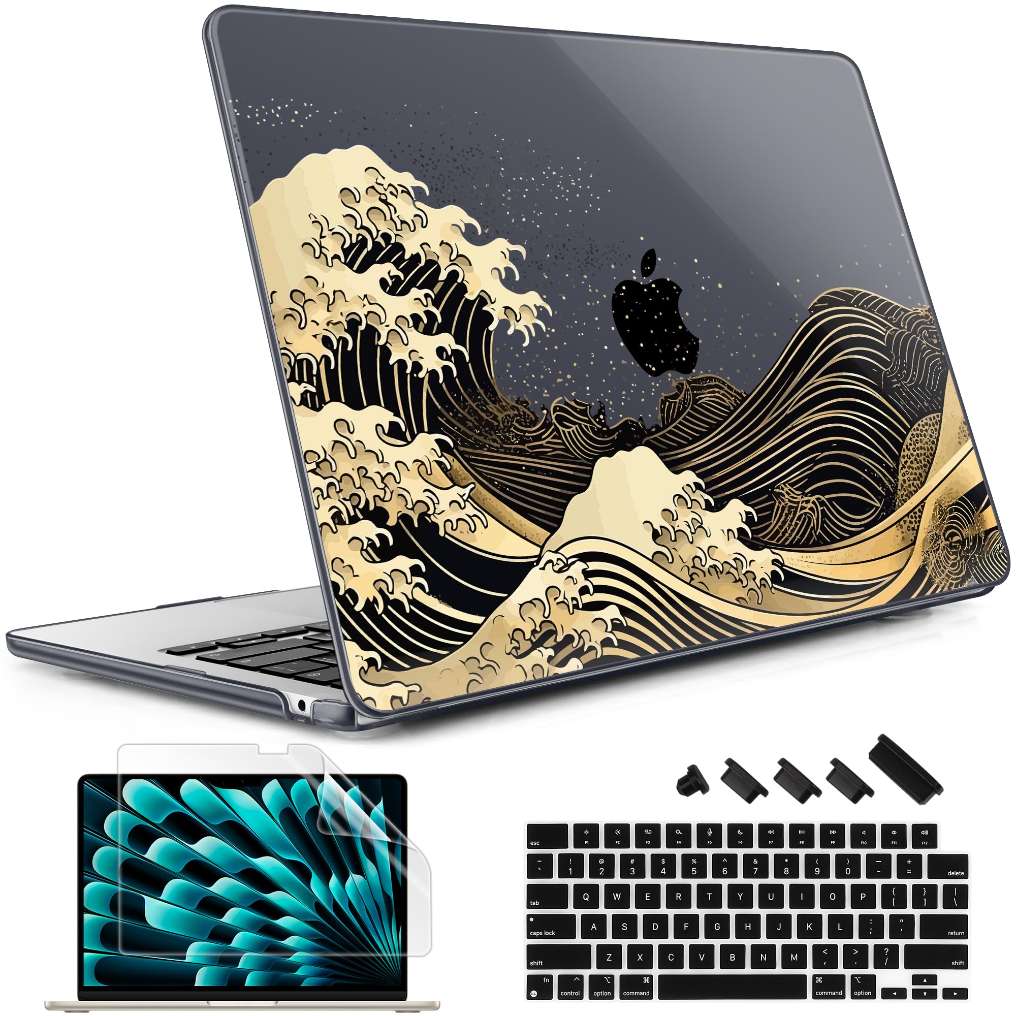 May Chen for M5 MacBook Air 13.6 Inch Case 2026 2025 2024-2022 Release M5 A3449 M4 A3240 M3 A3113 M2 A2681, Plastic Hard Shell Case for MacBook Air 13.6" with Retina Display, Black Sea Wave