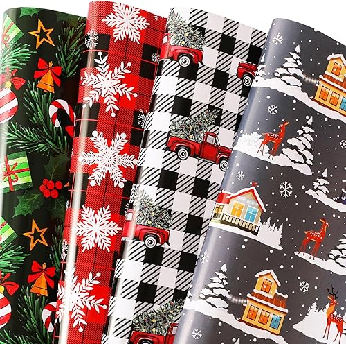 BOLIANNE Papel de regalo de Navidad para niños, hombres y mujeres, papel de regalo de Navidad con lana cuadriculada, camiones, copos de nieve, renos disponible en Yaxa Venezuela