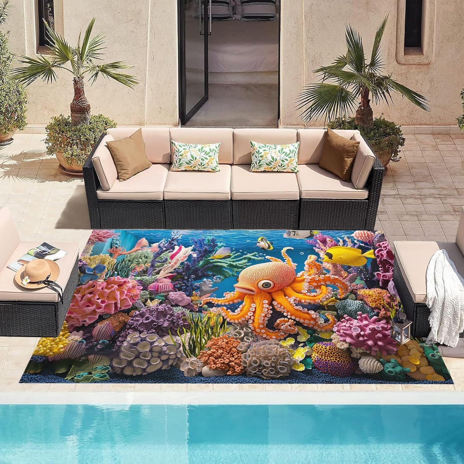 Unique Coastal Modern Outdoor Rug 3x5 Beach Theme Decor Tropical Octopus Fish Coral Print Multicolor Rugs for Patios Deck Backyard Balcony Garden Pool Waterproof Thin Non Skid Floor Carpets