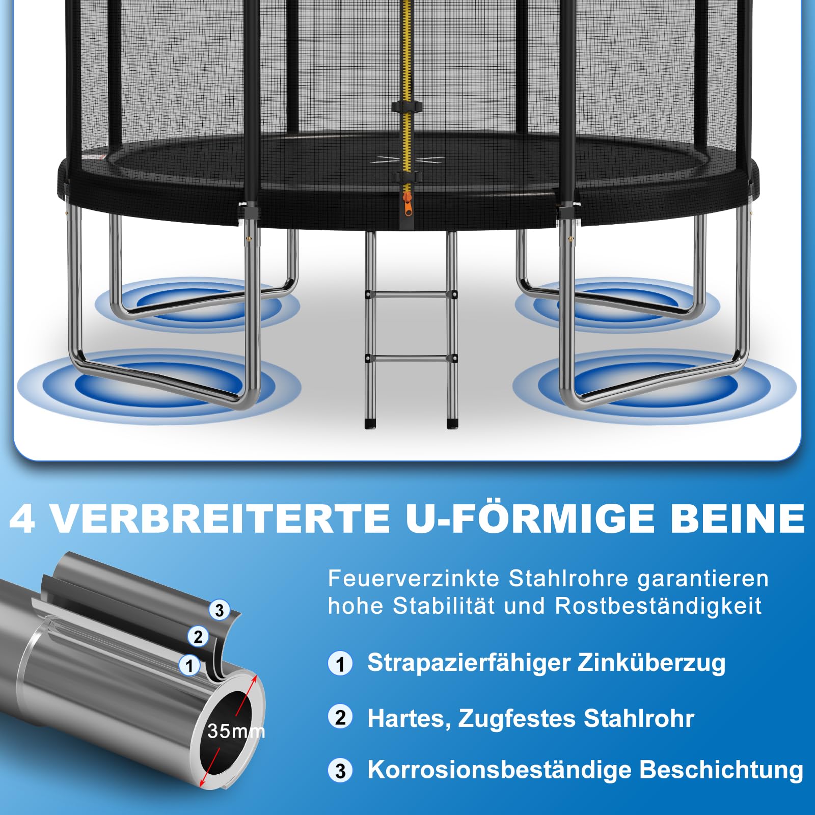 Devoko Trampolin Outdoor Ø 183/228/305/366/427 cm, GS-Zertifikat Indoor Trampolin Kinder Gartentrampoline, Komplettset mit Schuhnetz, Leiter, Randabdeckung, Sicherheitsnetz