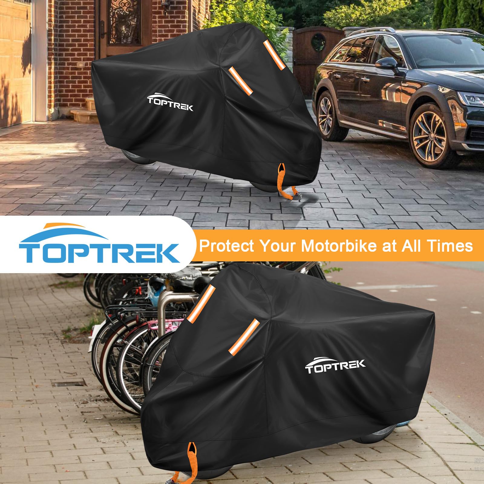 toptrek Motorbike Cover, 210D Oxford XXL Motorcycle Cover Waterproof with Orange Lock Holes and Windproof Buckles, Dustproof UV Protection Scooter Moped Cover for Motorbikes (96.5 x 41 x 50inch) — view 7