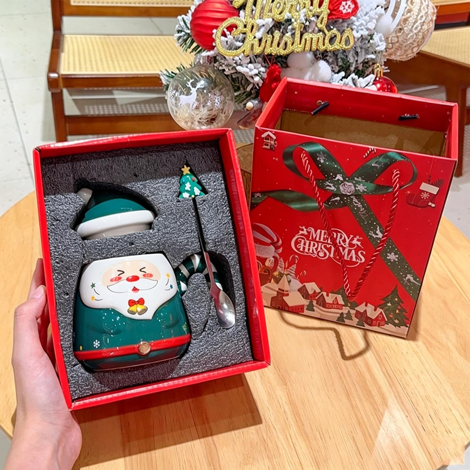 Taza Navideña Papá Noel de Cerámica, Lindo Set Regalo Taza Café Navidad