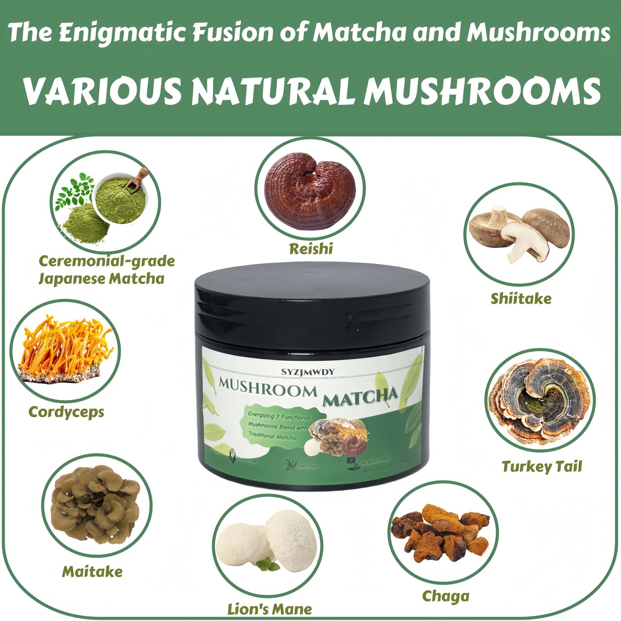 Ceremonial Grade Matcha Green Tea Premium Mushroom Matcha Powder 7 Adaptogen Blend Focus Energy Support Gluten-Free No Sugar — view 2