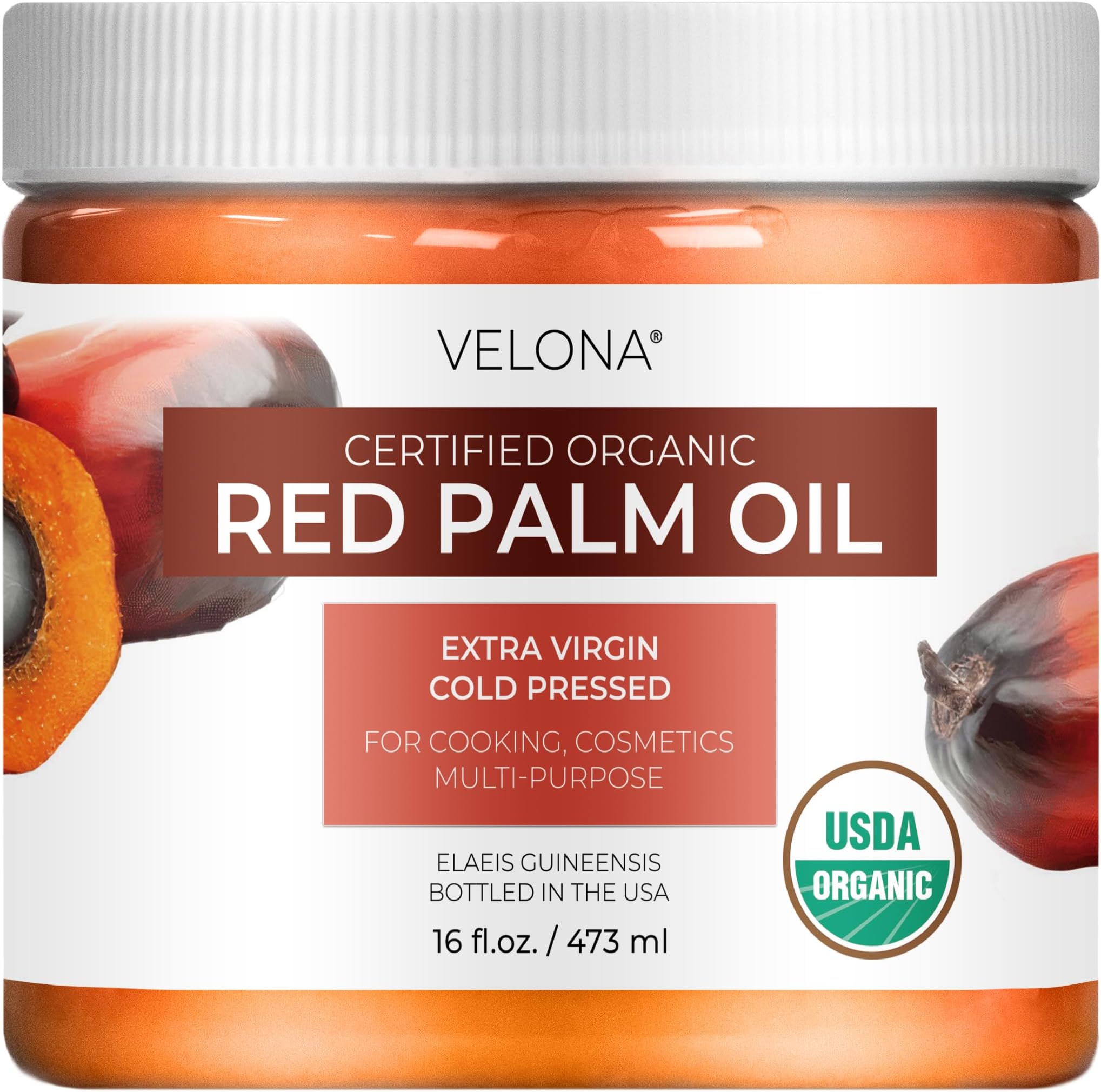 velona USDA Certified Organic Red Palm Oil 16 Fl Oz | Food and Cosmetic Grade | in jar | Extra Virgin, Cold Pressed | Skin, Face, Body, Hair Care | Use Today - Enjoy Results