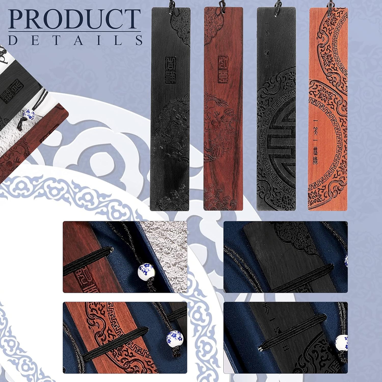 Outus 4 Pieces Wooden Bookmarks for Men Women Employee Appreciation Gifts Valentine's Day Gifts for Men Vintage Handmade Bookmarks Natural Wood Carving for Book Lovers Birthday(Traditional Style) - Image 4