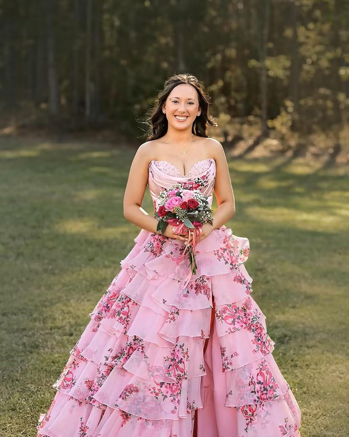 MisShow Corset Ruffle Prom Dresses for Women 2026 Strapless Chiffon Tiered Long Formal Evening Party Gown with Slit