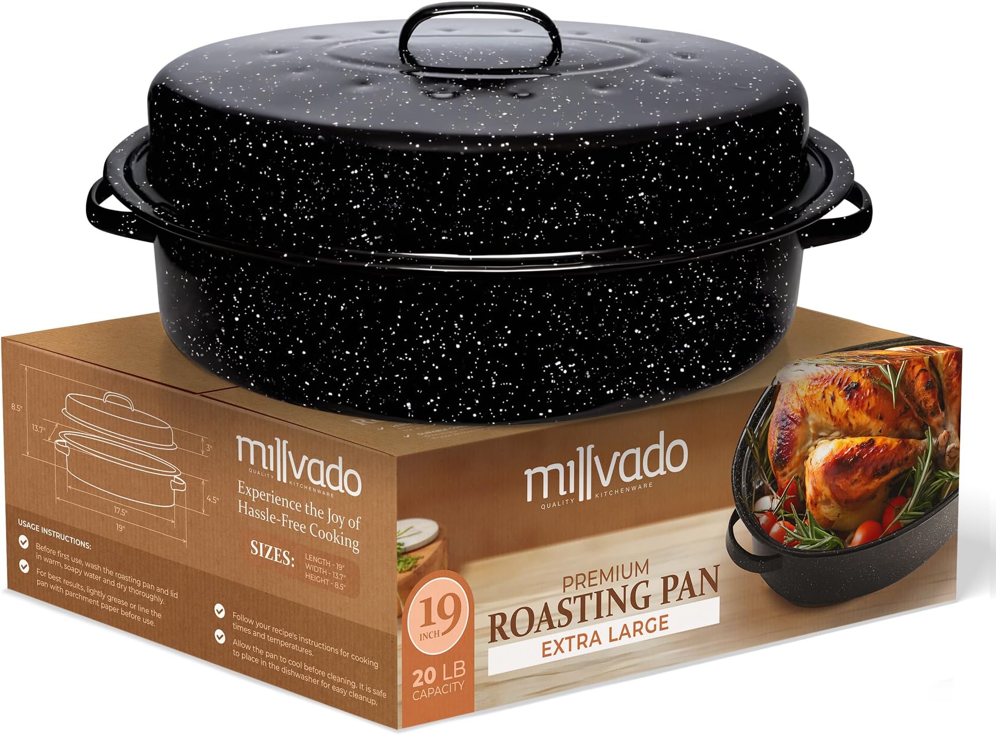 Millvado Roasting Pan With Lid, Turkey Roaster Pan, Extra Large 20 lb Capacity, 19" Granite Oven Roaster Oval Shaped Speckled Enamel on Steel Cookware