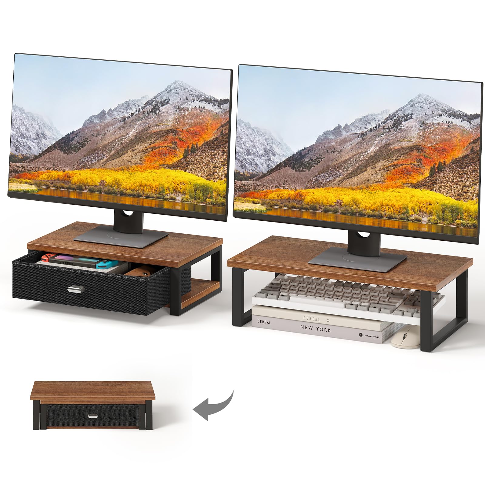 Support de double moniteur en noyer WOHOMO avec tiroirs de rangement