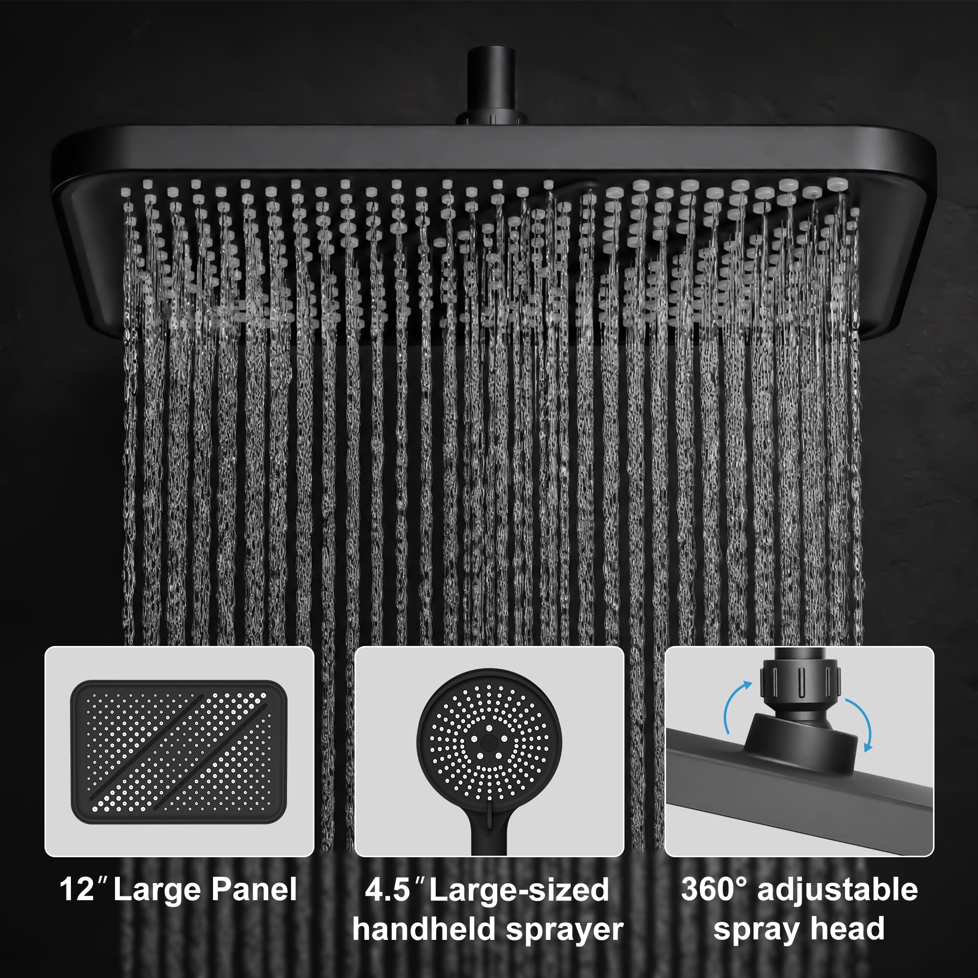 Cabezal de ducha, 8 pulgadas de alta presión de lluvia/ducha de mano con brazo de extensión, cabezal de ducha antifugas con soporte, altura/ángulo ajustable, negro mate