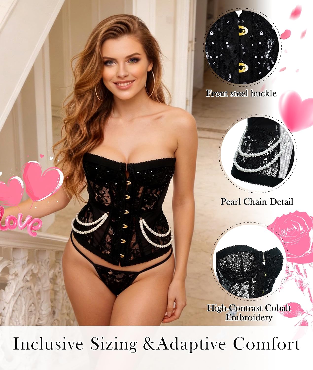 HELLOLAGIRL Corset Tops for Women, Bustier Shapewear Lingerie, Lace Waist Push Up Bodysuit Serena Black Pearl