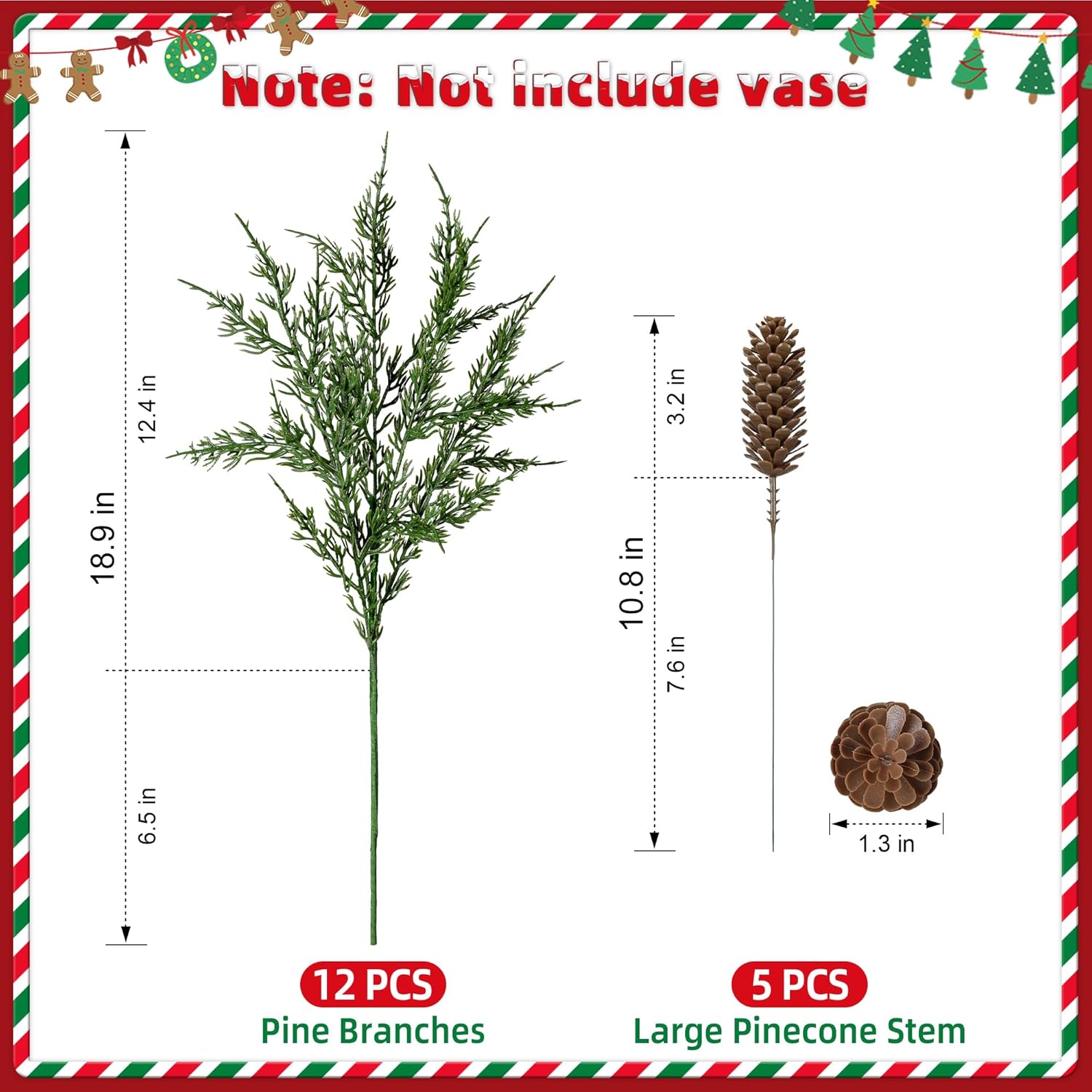 Cedar Stems Artificial Norfolk Pine Branches for Christmas Decor, 12 PCS Fake Pine Stems with 5 PCS Big Pine Cones Branches Realistic Fake Plants Faux Greenery for Vases DIY Garland Xmas Table Indoor - Image 5