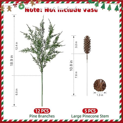 Miniatura 5 de Tallos de cedro artificiales de pino Norfolk para decoración de Navidad, 12 tallos de pino falso con 5 ramas de conos de pino grandes, plantas