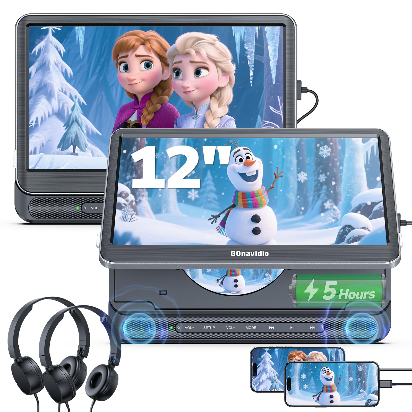 GOnavidio 12'' Lecteur DVD Voiture pour Enfants avec entrée HDMI, Lecteur vidéo Portable équipé 5H Batterie, Support la Carte USB/TF, entrée et Sortie AV, décodage HD, sans région, dernière mémoire