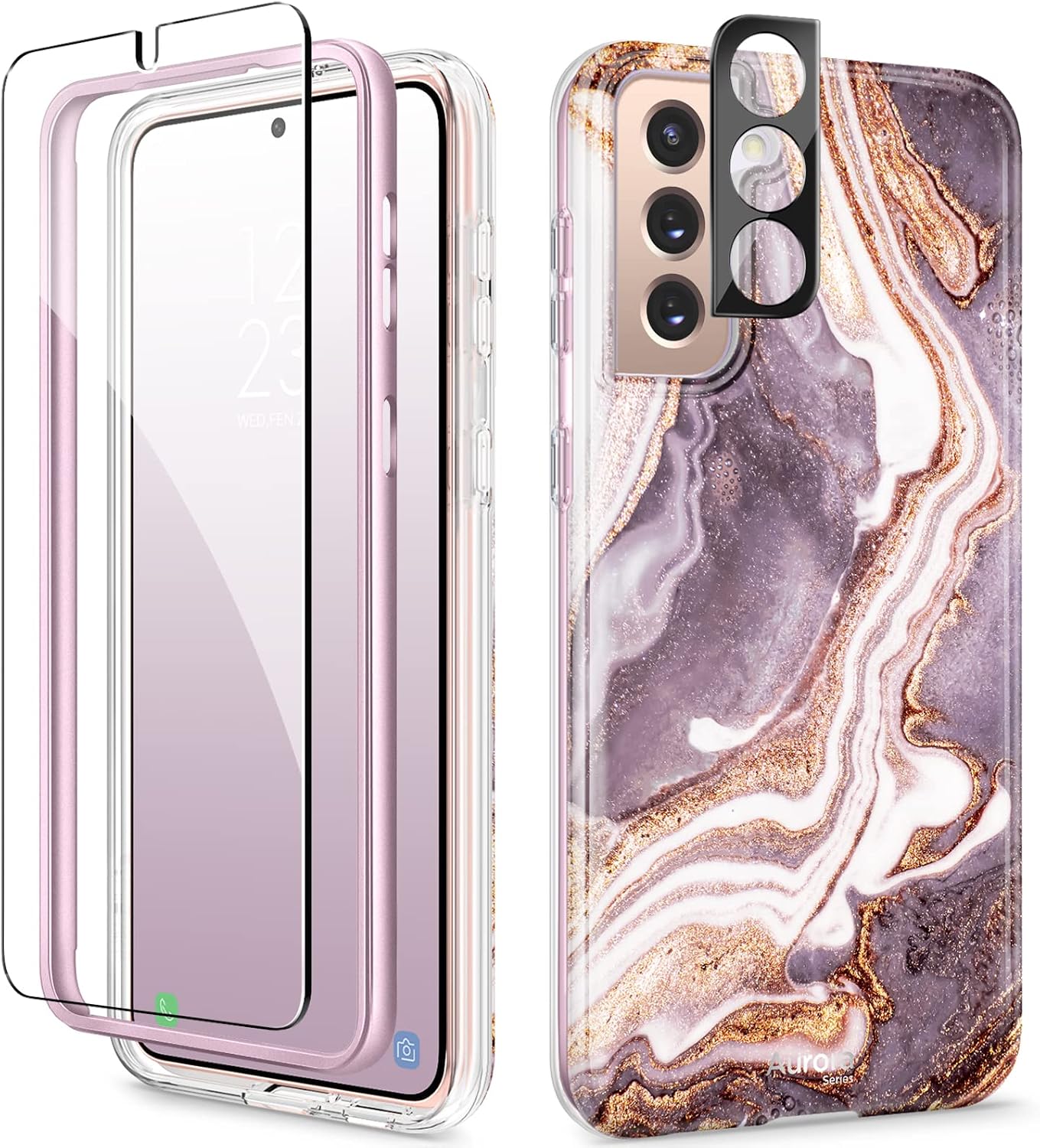 GVIEWIN for Samsung Galaxy S21 Case with Screen Protector & Camera Lens Protector,[21FT Military Grade Drop Test],Full Body Protection Shockproof Rugged Marble Case Cover for Women (Burgundy/Gold)