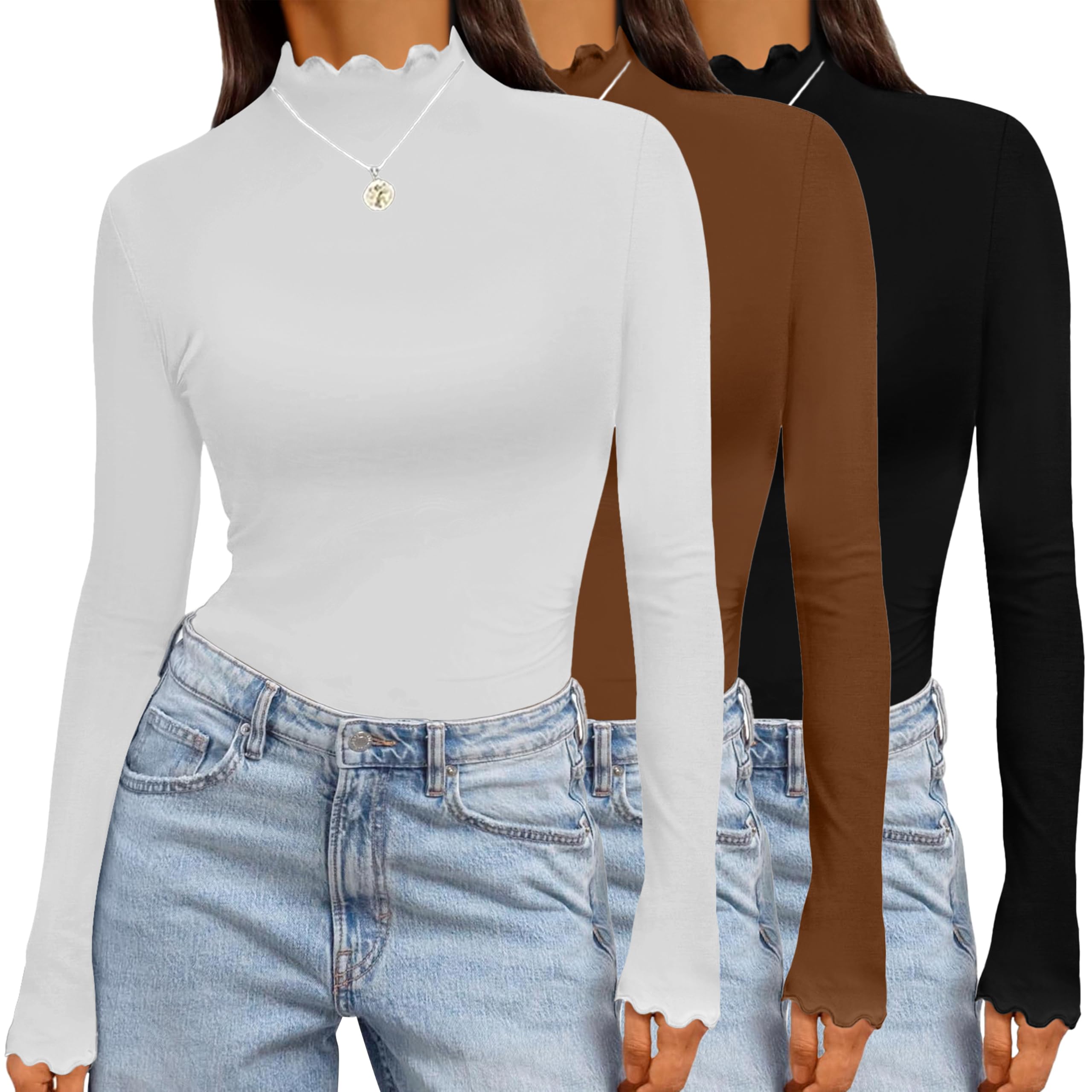 Ekouaer 3 Pack Langarmshirt Damen Unterziehshirt Langarm Stehkragen Basic Tops Slim Fit Oberteil Warm Shirt Winter