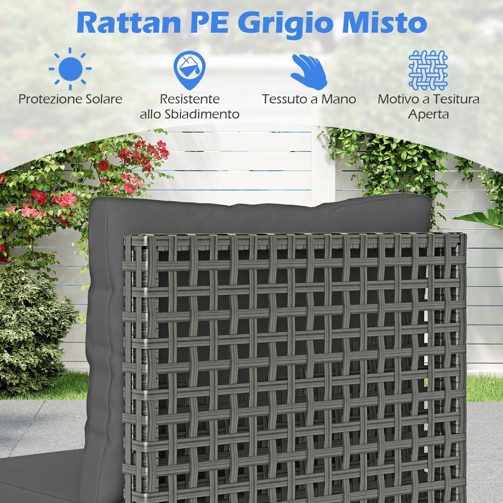 COSTWAY Tavolino e 2 Sedie da Giardino, Set da Conversazione in Rattan con Cuscini e Tavolino in Vetro Temperato, Set da Bistrò per Veranda, Balcone e Cortile (Stile 1)