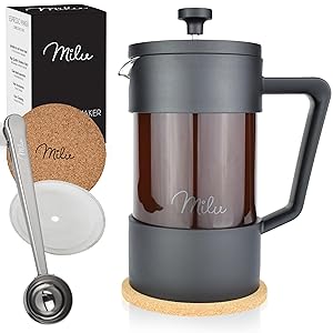 Milu cafetera francesa | 350ml, 600ml, 1L | prensa francesa cafetera embolo de Vidrio - French Press Cafetera Tetera leche chocolate café (Negro, 600ml (3 tazas)