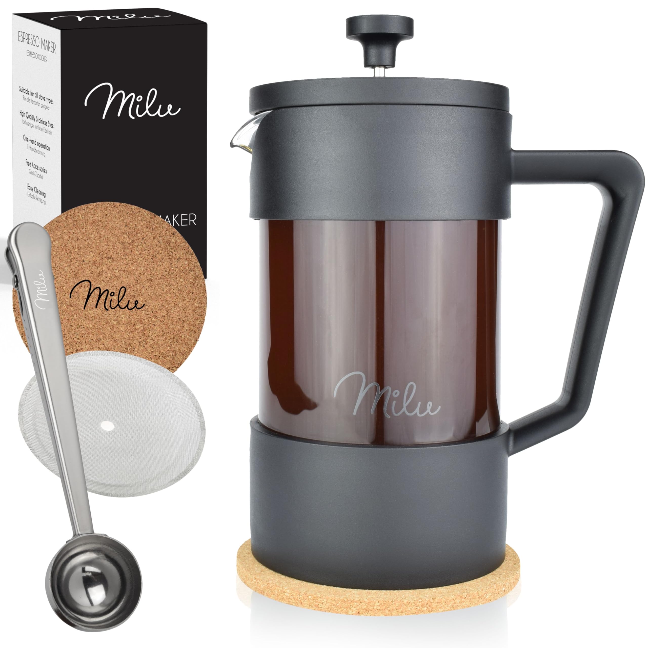 Milu Cafetera Francesa de Vidrio 600ml French Press Tetera Café Negro