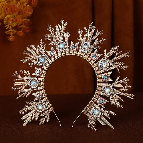 Miniatura 4 de COSUCOS Halo Crown Headpiece Gold Leaves Goddess Zip Tie Headband Forest Princess Headwear for Woman Boho Wedding Tiara Blue Rhinestone Festival