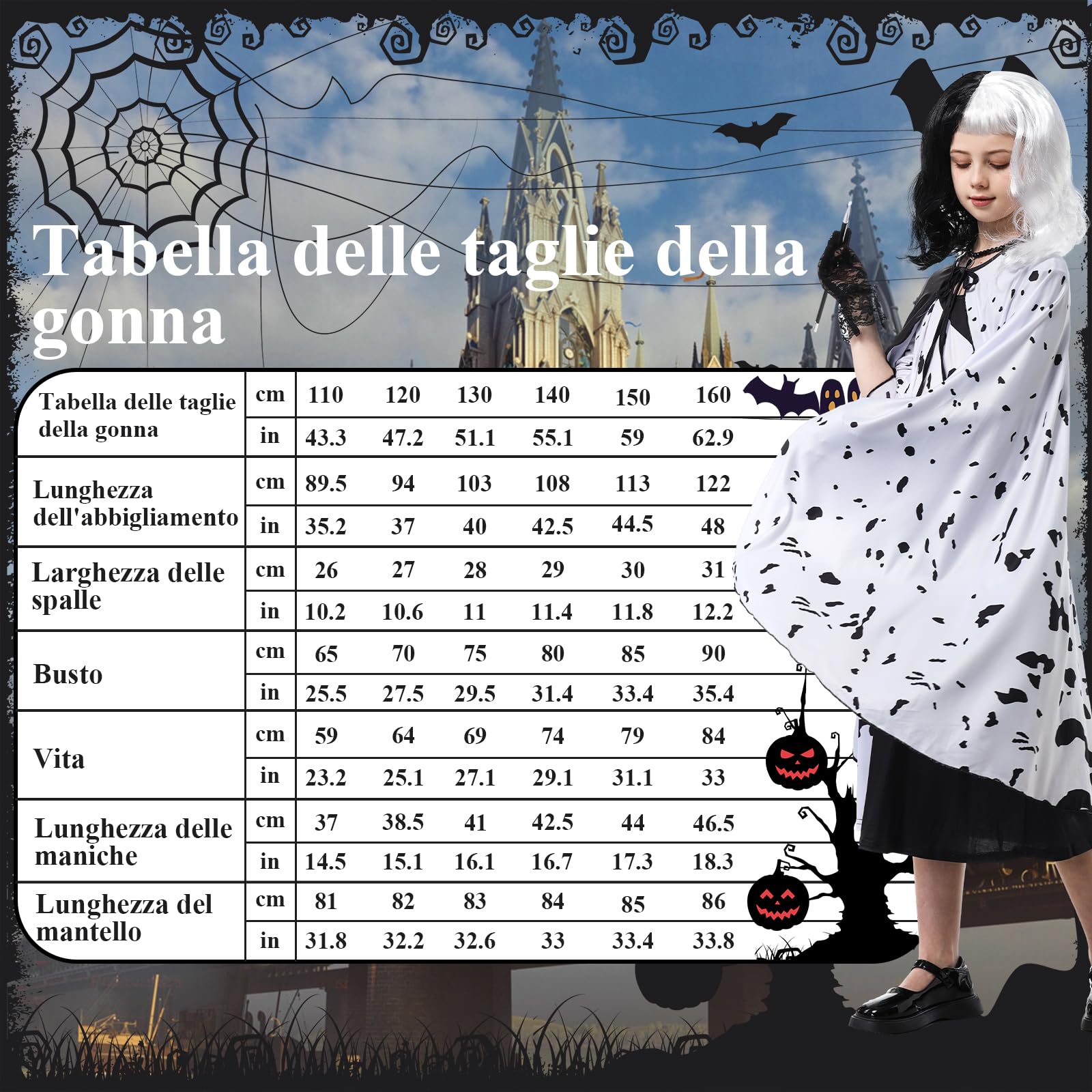 IEEILULU Cruella Costume Bambina, Vestito Crudelia Demon Donna, Costume da Crudelia Deville per Ragazze, Buono per il Ragazze Cosplay di Halloween - il Carnevale del Male