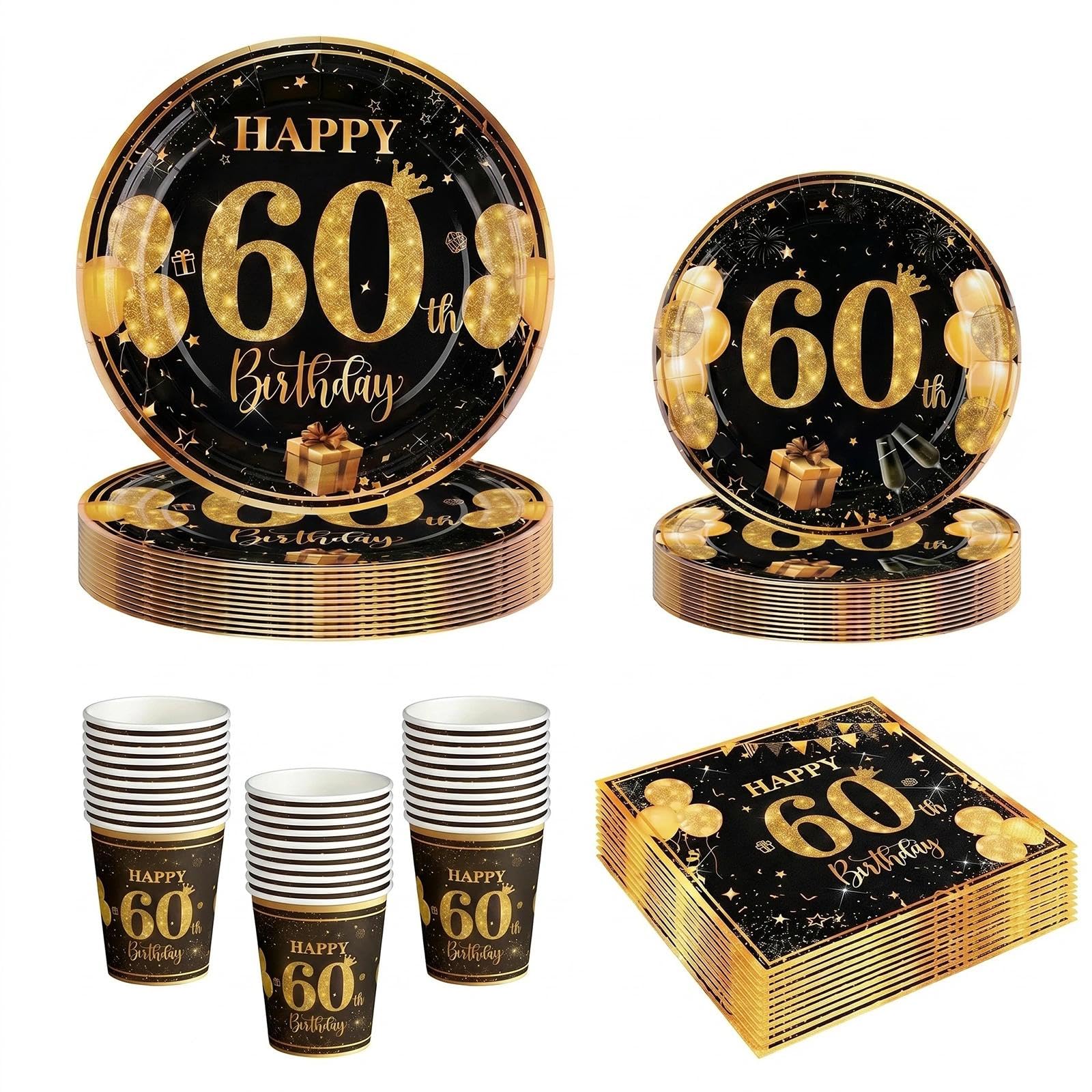 68Pcs 60th Birthday Party Plates Cups and Napkins, Black Gold 60th Birthday Decorations, 7" and 9" Disposable Paper Plates, Disposable Party Tableware Set Serves 16 Guests for Men Him Women Her