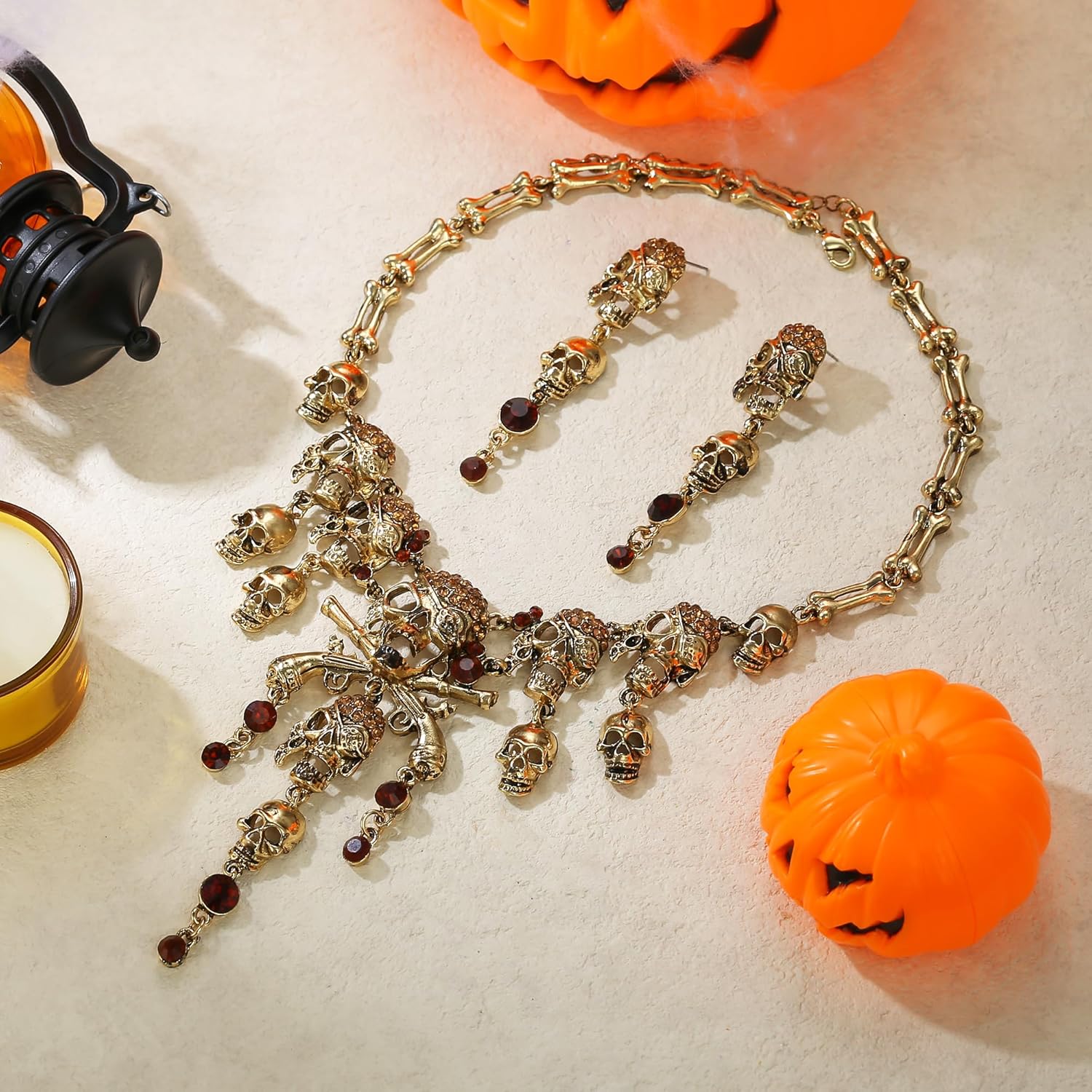 EVER FAITH Halloween Cosplay Jewelry Accessories Austrian Crystal Horror Punk Pirate Skull Bib Collar Necklaces Earrings Set for Women