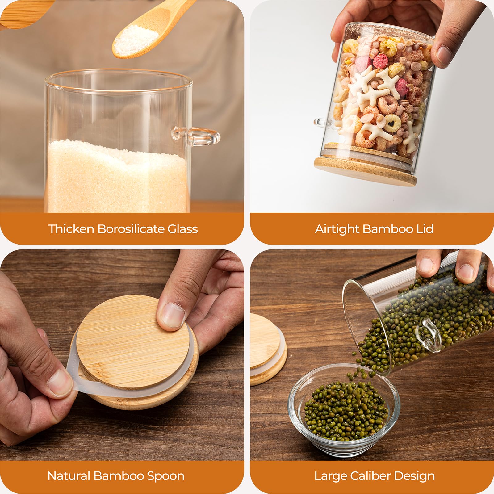 Rongbaor 4 Pack Glass Jars with Airtight Bamboo Lid and Spoon,530ml Overnight Oats Jars,Kitchen Spice Jars Storage Containers,With Waterproof Label and Marker Pen for Home Storage Cookie Candy Coffee - Image 4
