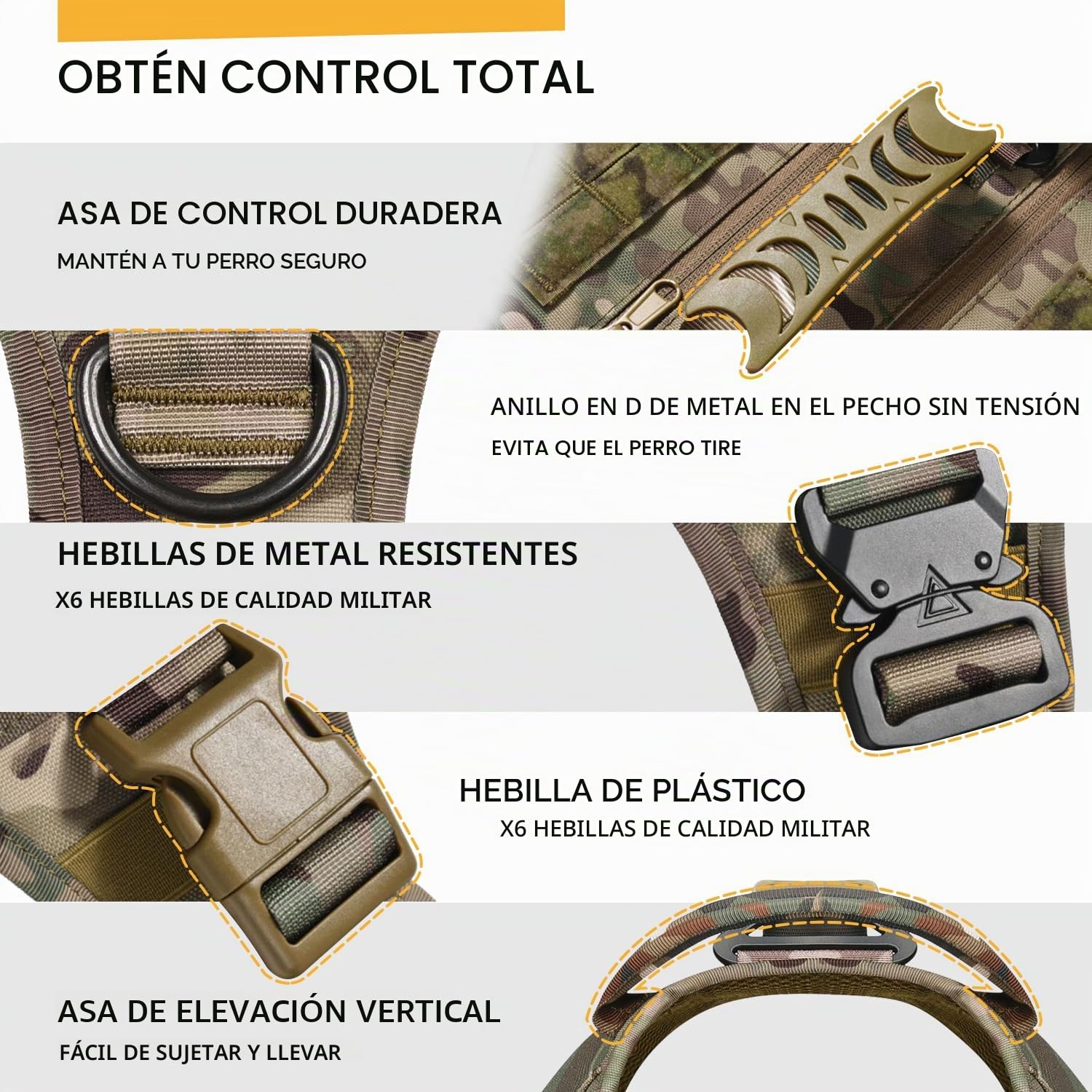 Arnés táctico para perros medianos y grandes, sin tirones, ajustable, para pasear, arnés militar con asa, chaleco para perro con paneles Molle (camuflaje (con 2 paquetes de accesorios), XL)