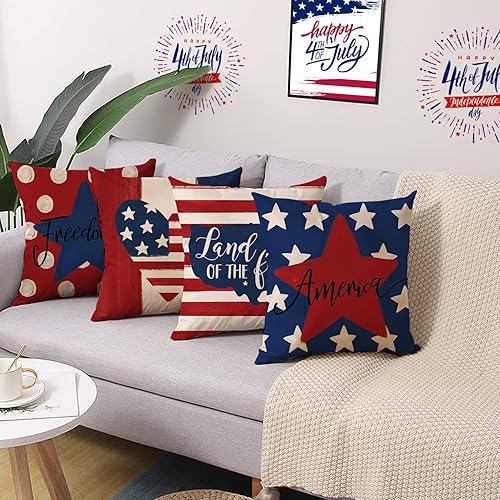 Miniatura 5 de Juego de 4 fundas de almohada decorativas con diseño de bandera estadounidense patriótica con estrellas y rayas del 4 de julio, 16 x 16 pulgadas,