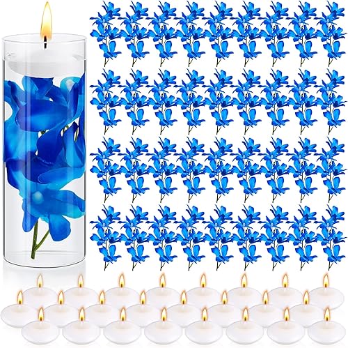 Hanaive 72 piezas de floreros artificiales de orquídeas azules para velas flotantes, centro de mesa de boda, orquídea azul y velas flotantes sin