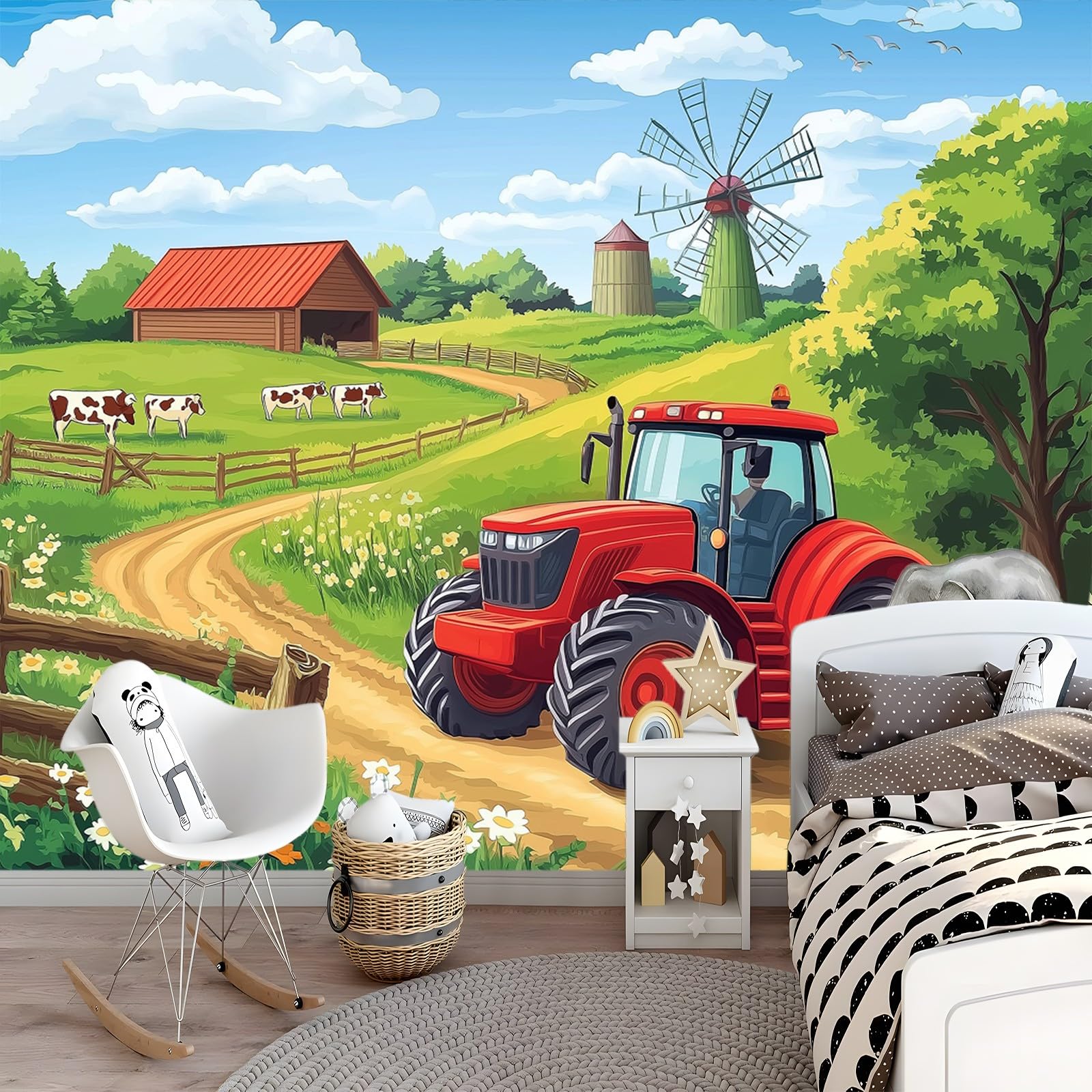 Papel pintado no tejido Tractor De Dibujos Animados Granja Revestimiento de paredes decoración salón dormitorio 350 x 256 cm Decoración de carteles gigantes Verde para salón Habitación infantil
