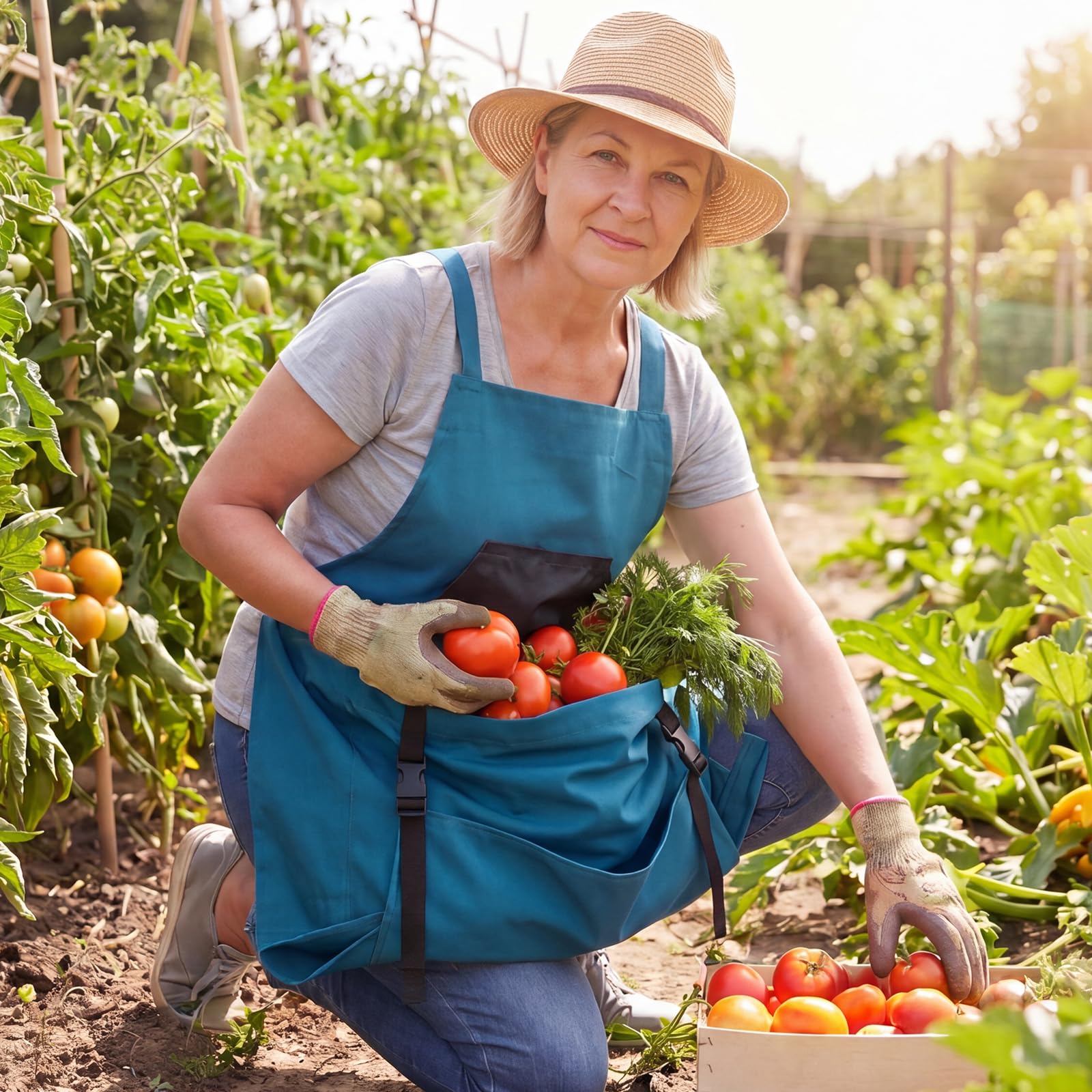 Grembiule da giardinaggio con fodera impermeabile, custodia profonda, cinghie regolabili, ideale per raccolta frutta e attività all'aperto