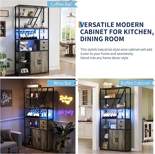 Miniatura 8 de GarveeHome Gabinete de bar de vinos con luces LED, estación alta de barra de café con tomas de corriente y estante de vino, soporte de microondas de