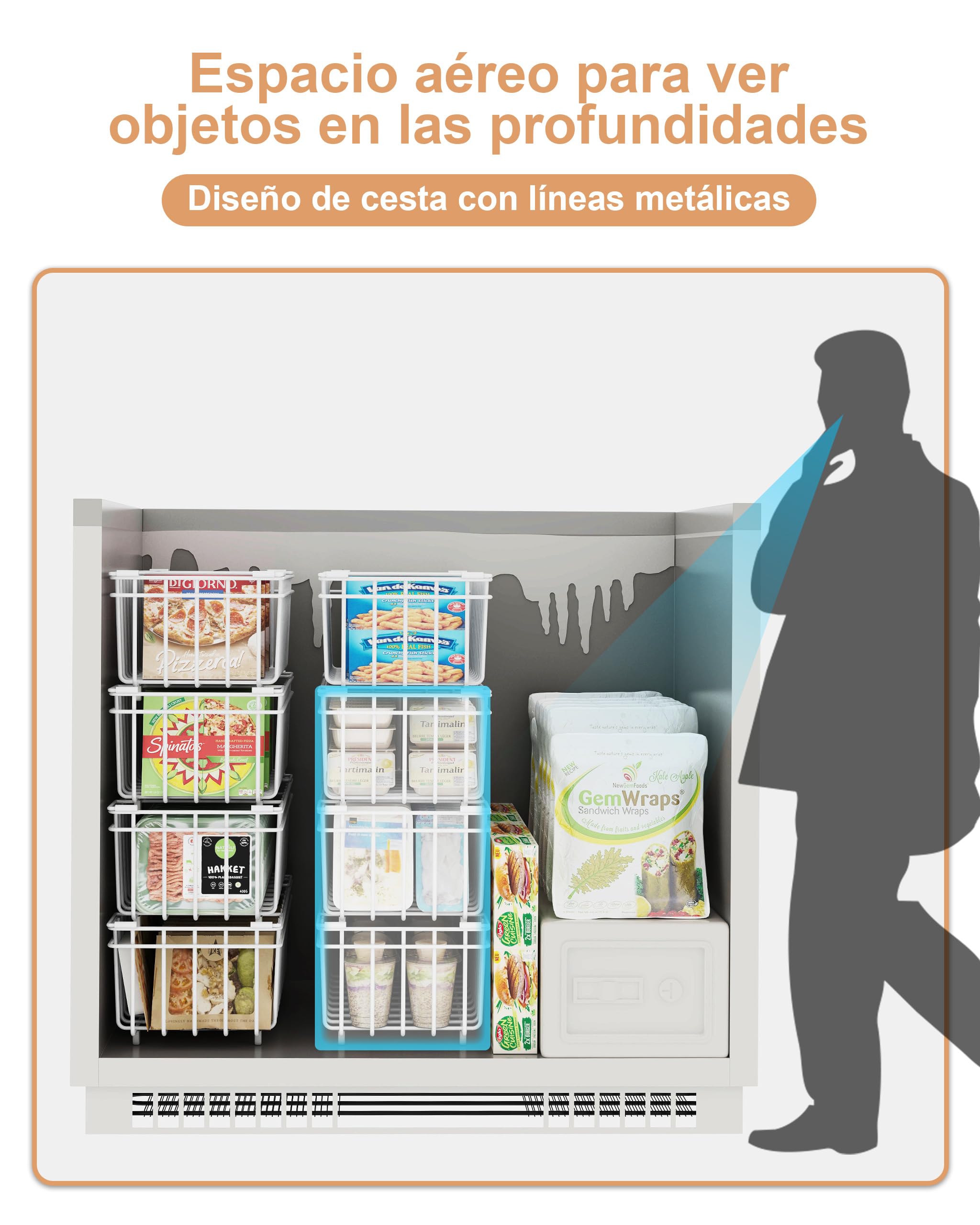 UMDONX Cesta para Congelador de 4 piezas blanco - Cestas apilables para congelador con asa, fácil acceso, para congelador de 198L, organizar ingredientes congelados (37x18x15cm)