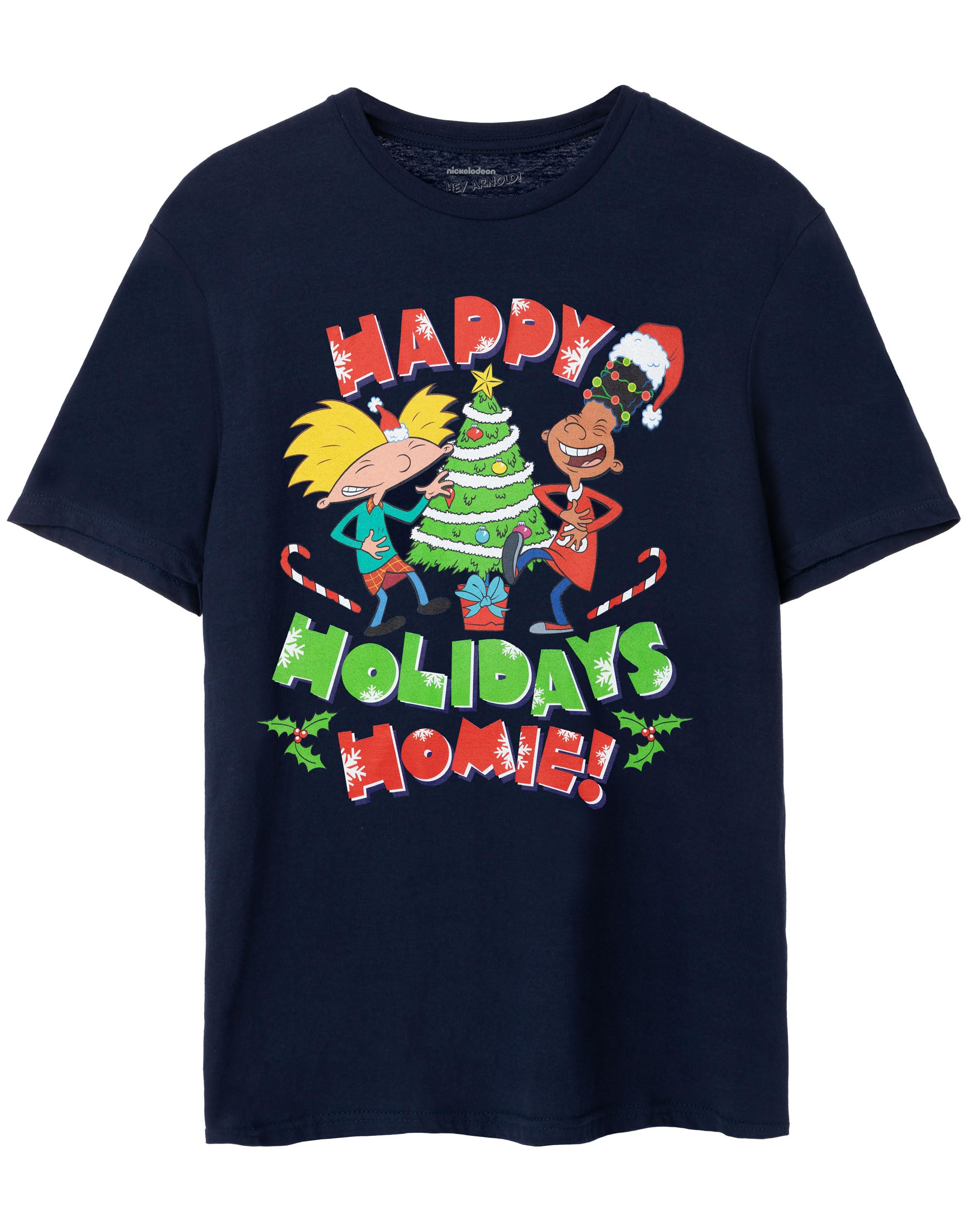Hey Arnold! Mens Christmas T-Shirt | Happy Holiday Homie Adults Short Sleeve Graphic Tee | Navy Nostalgic 90's Xmas Apparel Crewneck Top | Festive Classic Cartoon Merchandise Gift for Him
