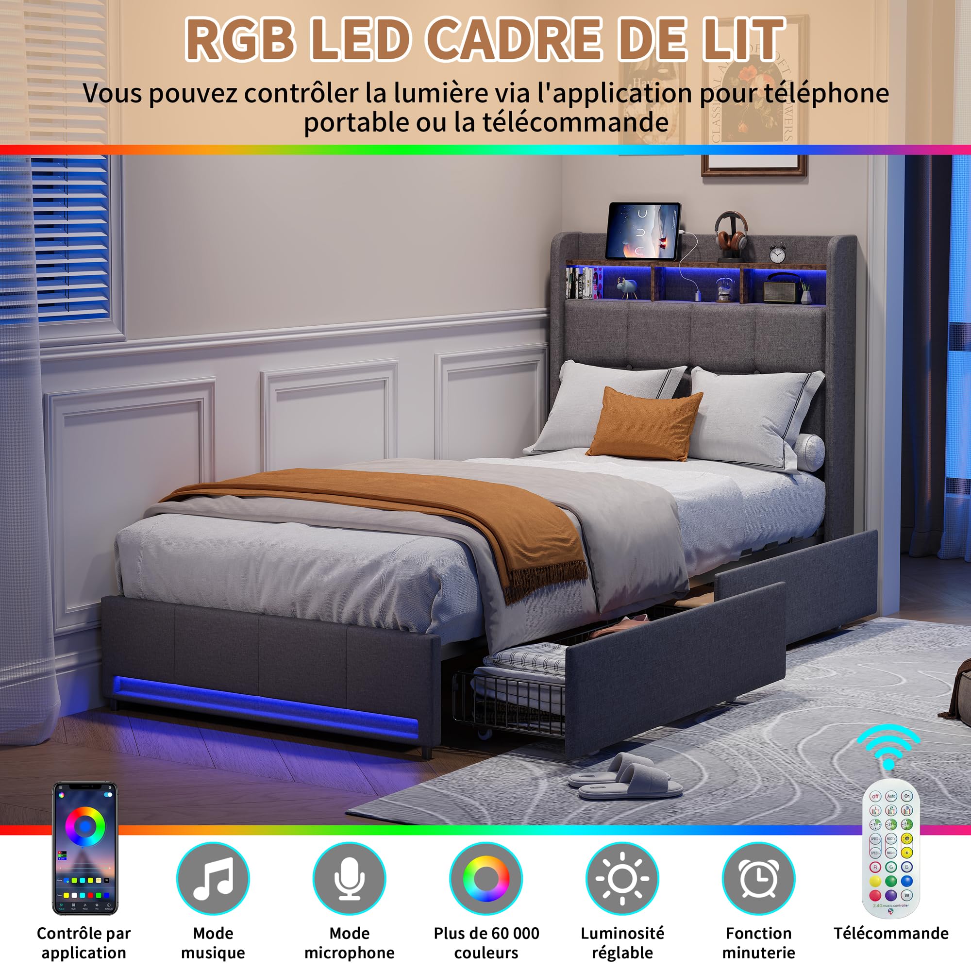Letto 90 x 200 con Sommier, Letti 1 Persone con LED e Porta USB, Letti Singoli Capitonnati con 2 Cassetti, Testiera con Conservazione, Rete a Lattini, Lino Grigio, senza Materassi
