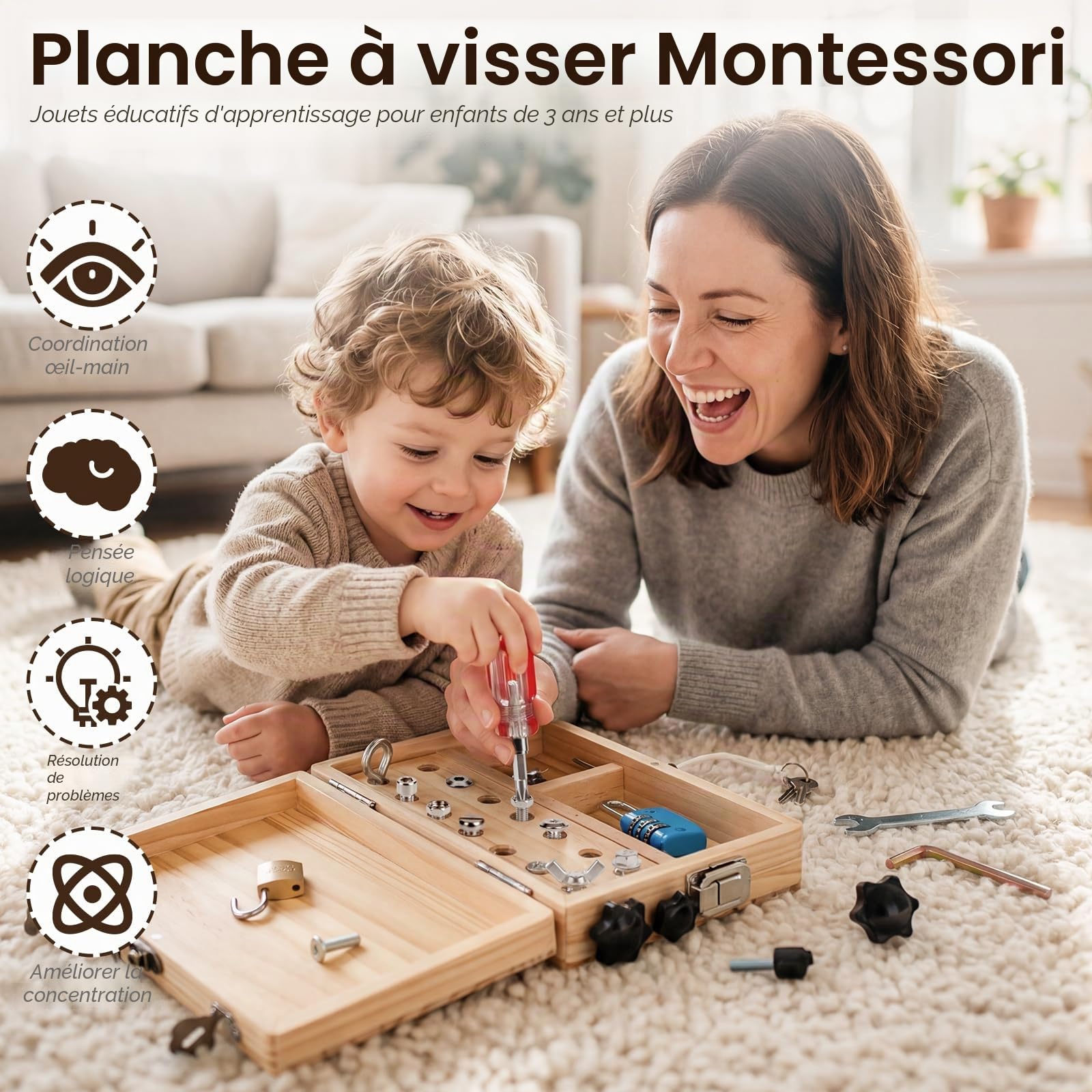 Lehoo Castle Jeux Montessori 3 4 Ans, Bois Coffret à Outils Jouet Enfant 3 Ans, Busy Board avec Serrure et Clé, Jeux Educatif Cadeau Enfant 3 4 5 Ans Garcon Fill