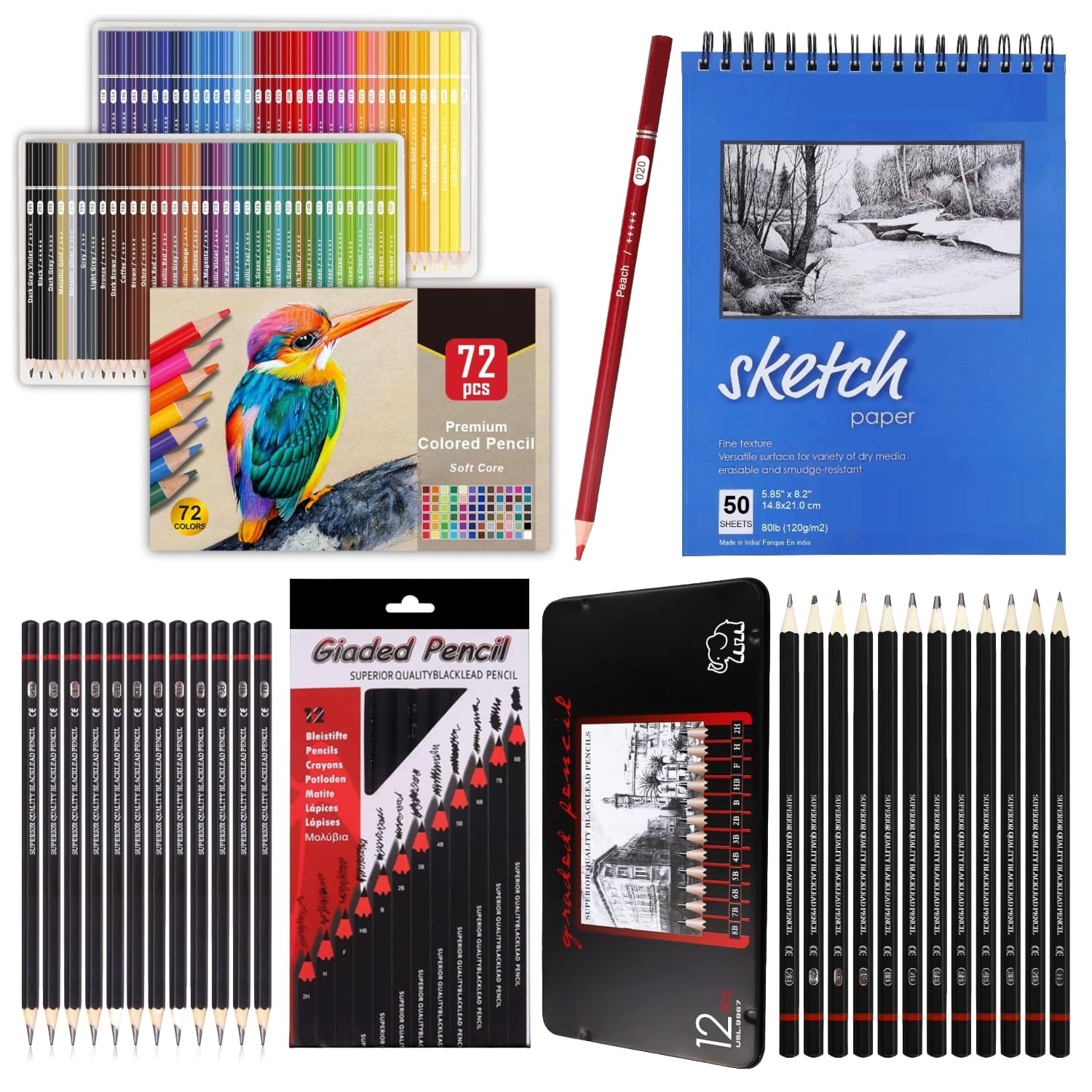 Corslet Set mit 97 Stück – 72-teiliges Buntstift-Set und 24-teiliges Zeichenstift-Set mit 2 verschiedenen Packungen mit 12 Kunstbedarf für Künstler, Skizzen, Schattierungen, Graphitstifte