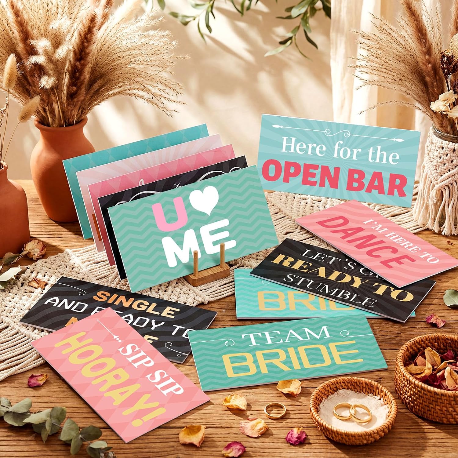 Beeveer 24 Designs Wedding Photo Booth Props Double Sided 11.02*5.51‘'photo Booth Props Wedding Marriage Party Decor Gold Pink Teal Selfie Signs DIY Water Proof PVC Printing for Bridal Party Supplies