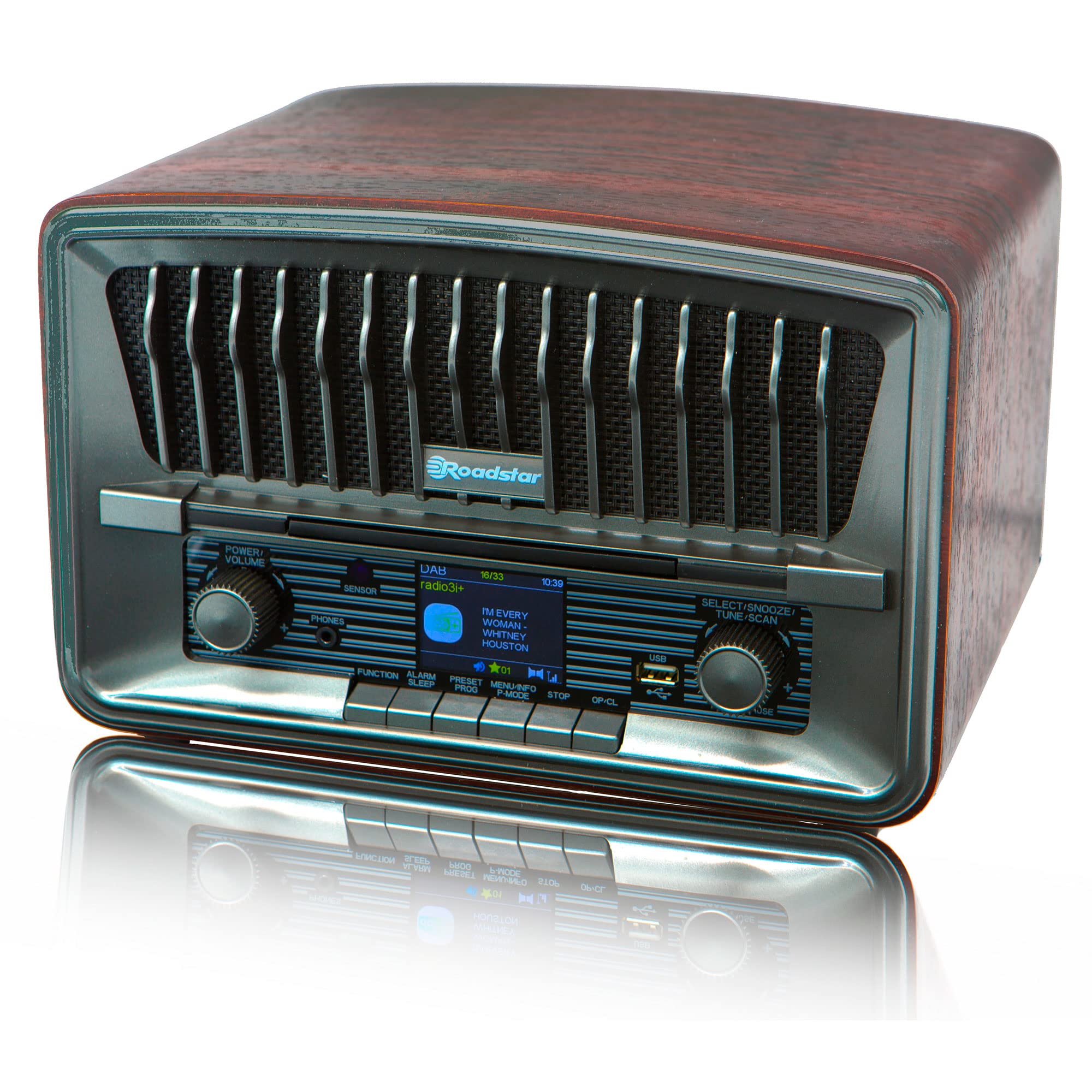 Roadstar HRA-270CD+BT Radio CD Portable Numérique Vintage Dab/Dab+/FM, Lecteur CD-MP3, Bluetooth, USB, Stéréo, AUX-in, Écran LCD, Télécommande, Connexion pour Casque, Alarme, Bois