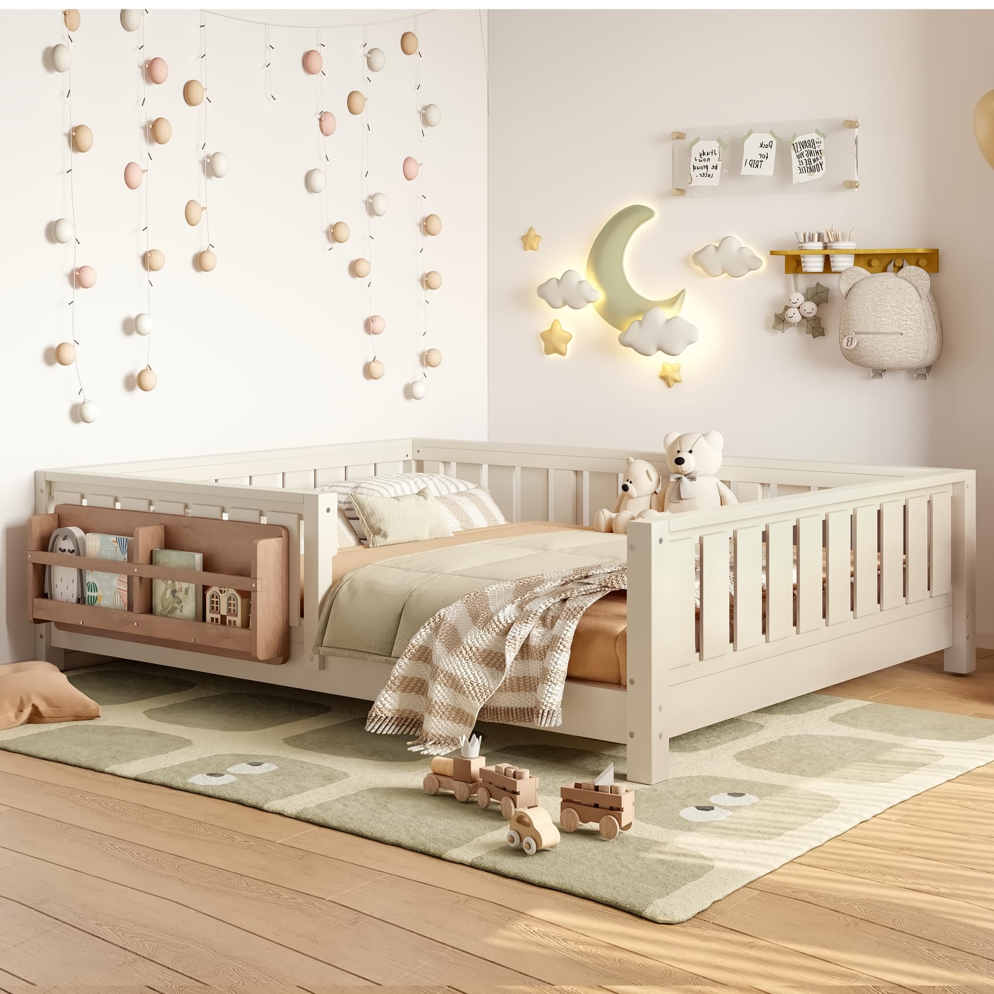 Photo 1 of Bellemave Full Floor Bed with Slats and Rails, Full Size Montessori Floor Bed with Bookcase and Fence, Easy Assemble Montessori Beds for Girls, Boys, Beige Floor Beds