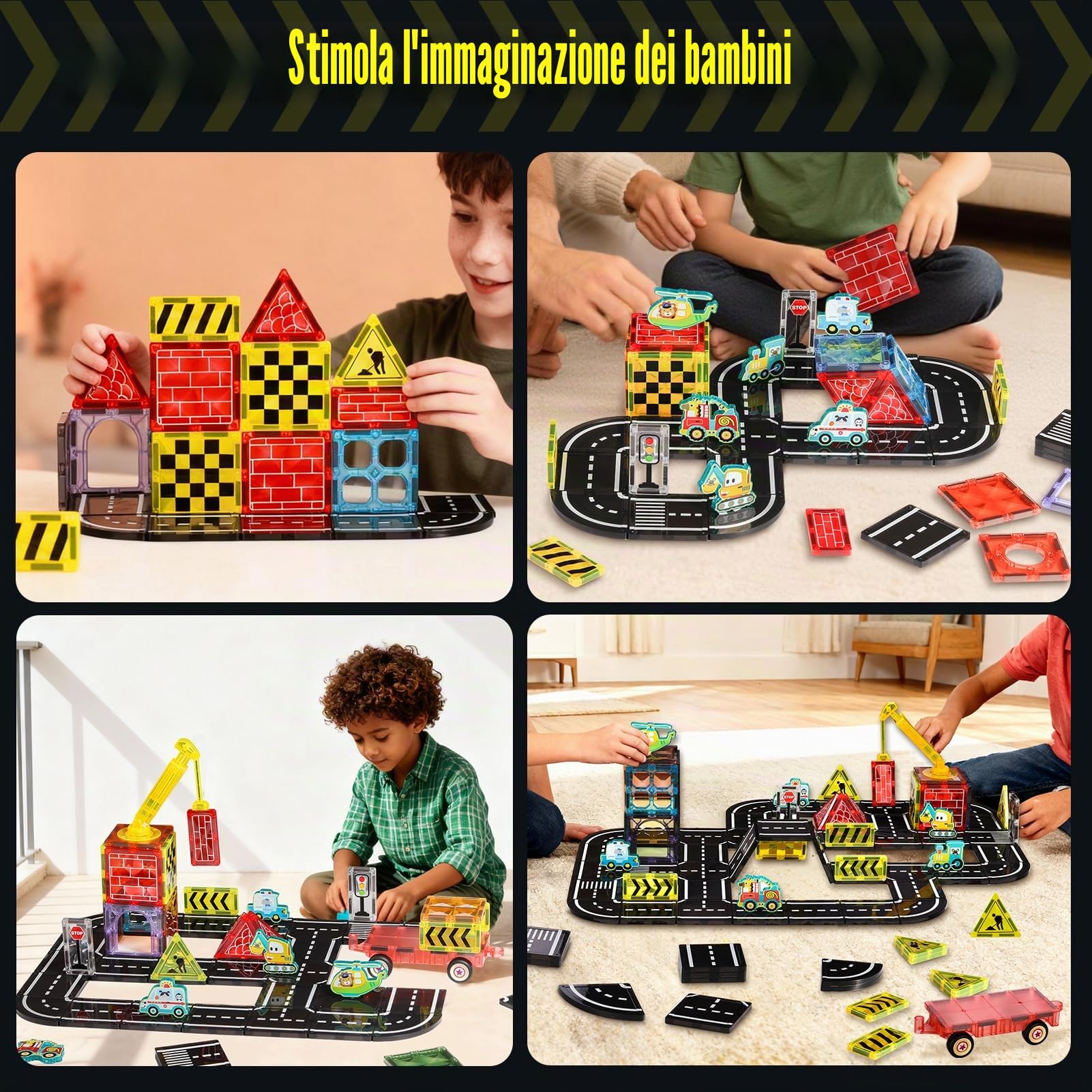 Costruzioni Magnetiche Stradale, 80 Pezzi Set Costruzioni con Segnali e Auto - Giocattolo STEM per Bambini 6-12 Anni